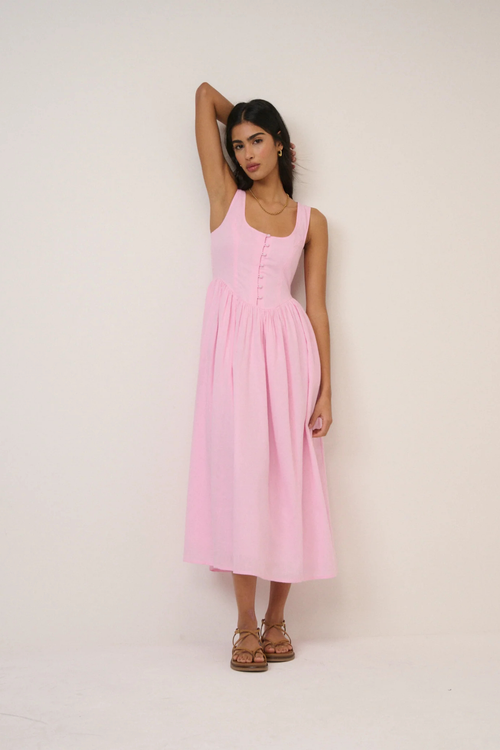 Nobody's Child Pink Cora Midi Dress by nobody’s child featuring a fitted bodice with button details Shop nobody’s child at Dotique