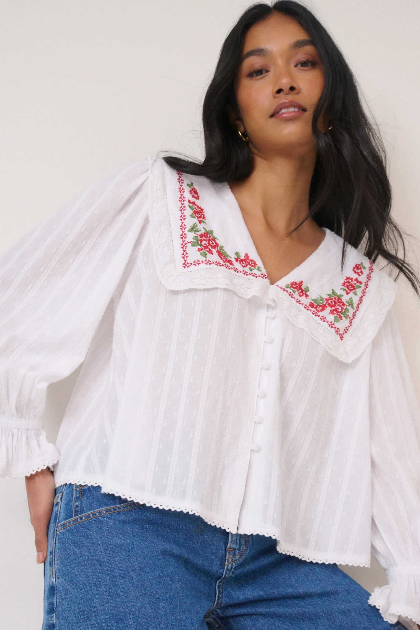 Nobody's Child Eloise White Blouse by nobody’s child with embroidered floral collar styled casually Shop nobody’s child at Dotique