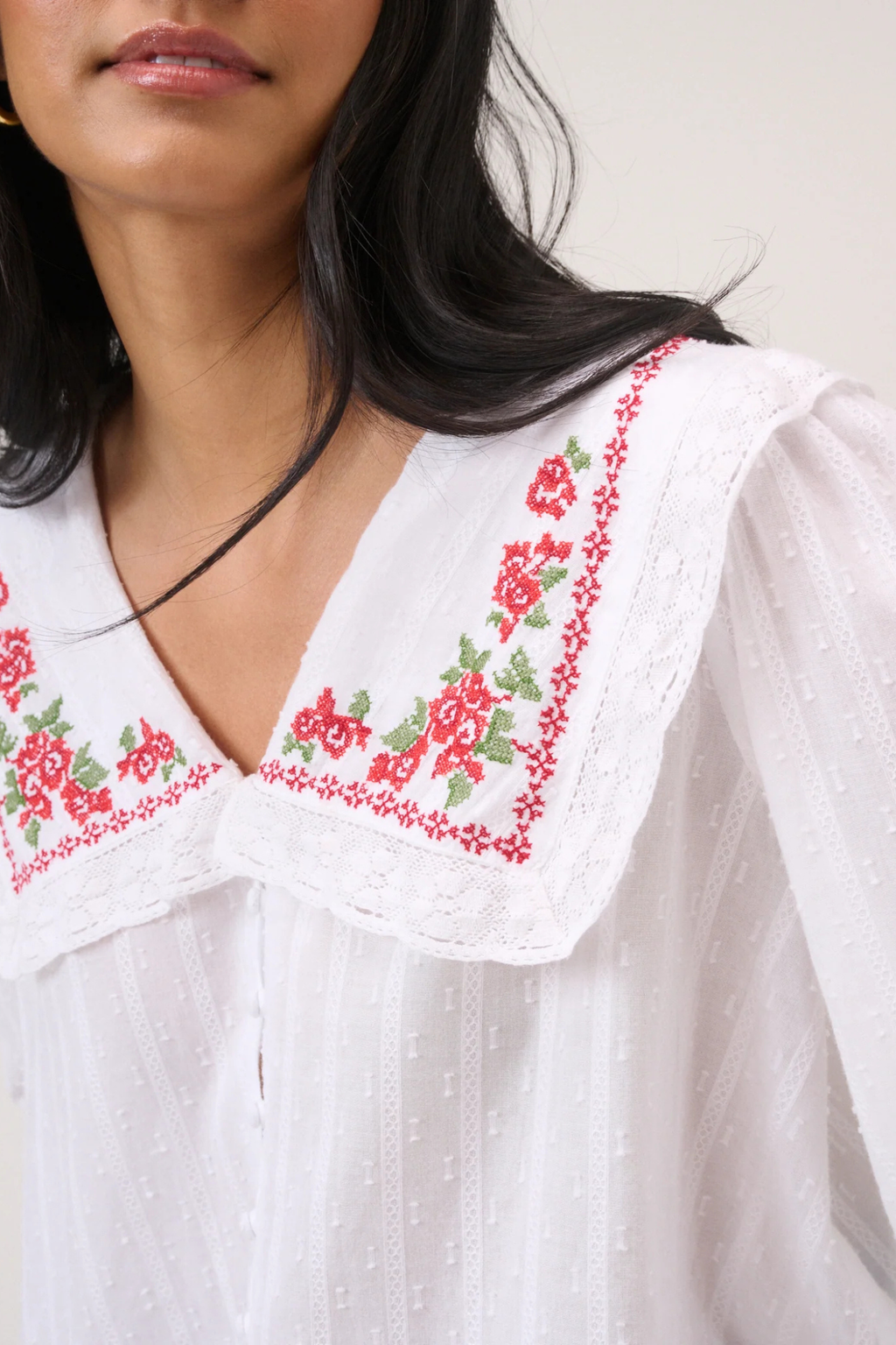 Nobody's Child Eloise White Blouse by nobody’s child featuring floral embroidery on collar Shop nobody’s child at Dotique