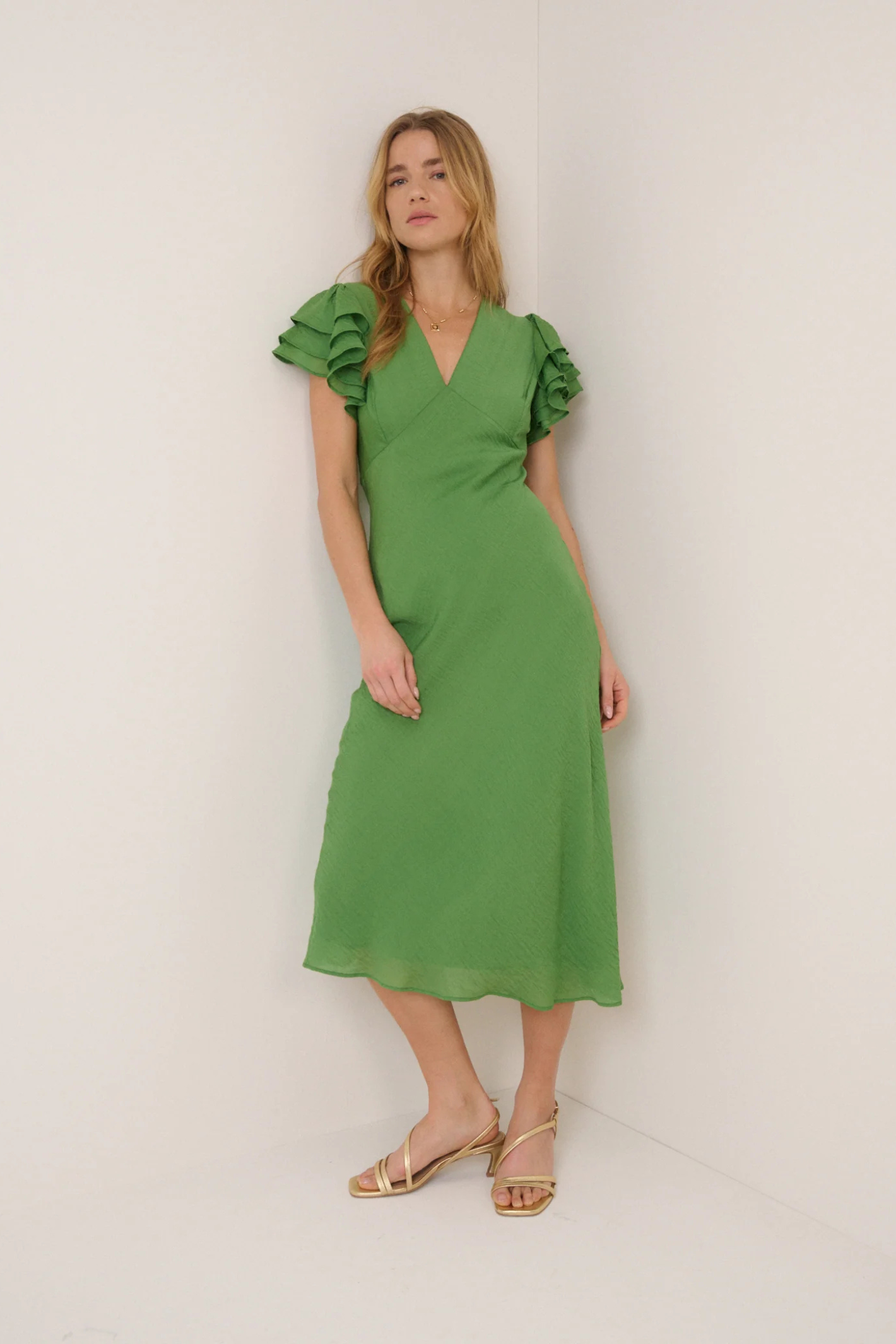 Nobody's Child Green Frill Sleeve Layla Midi Dress by nobody’s child shown front view shop nobody’s child at Dotique