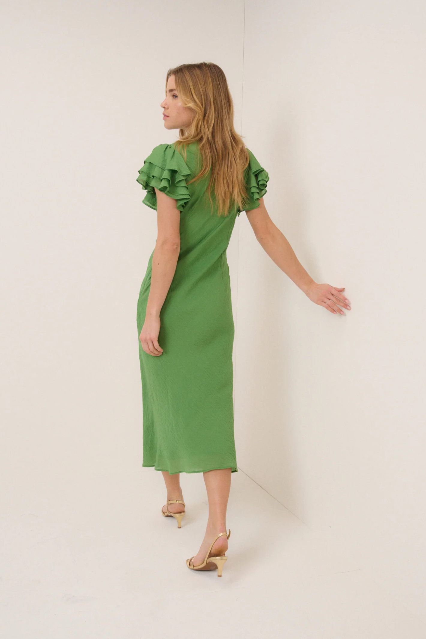 Nobody's Child Green Frill Sleeve Layla Midi Dress by nobody’s child shown from back shop nobody’s child at Dotique full length view
