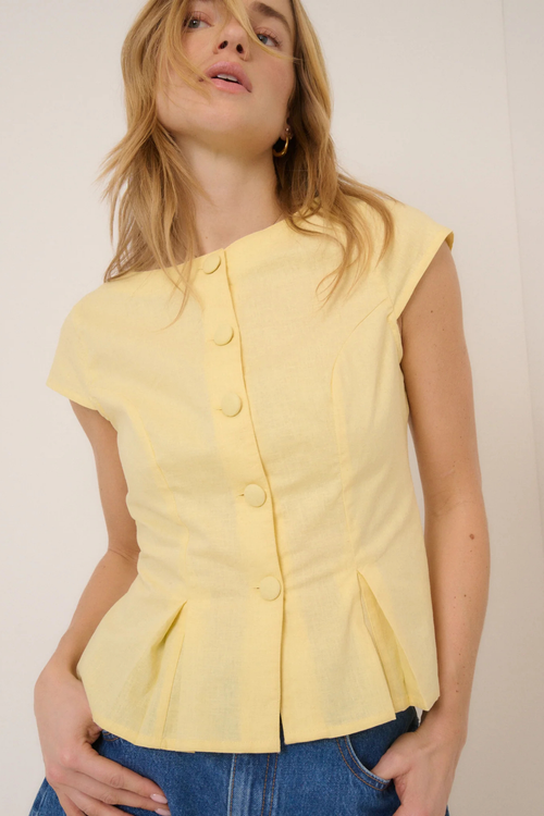 Nobody's Child Gretchen Butter Yellow Top by nobody’s child with fabric-covered buttons and pleats Shop nobody’s child at Dotique