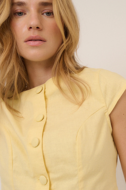 Nobody's Child Gretchen Butter Yellow Top by nobody’s child with front fabric buttons styled simply Shop nobody’s child at Dotique