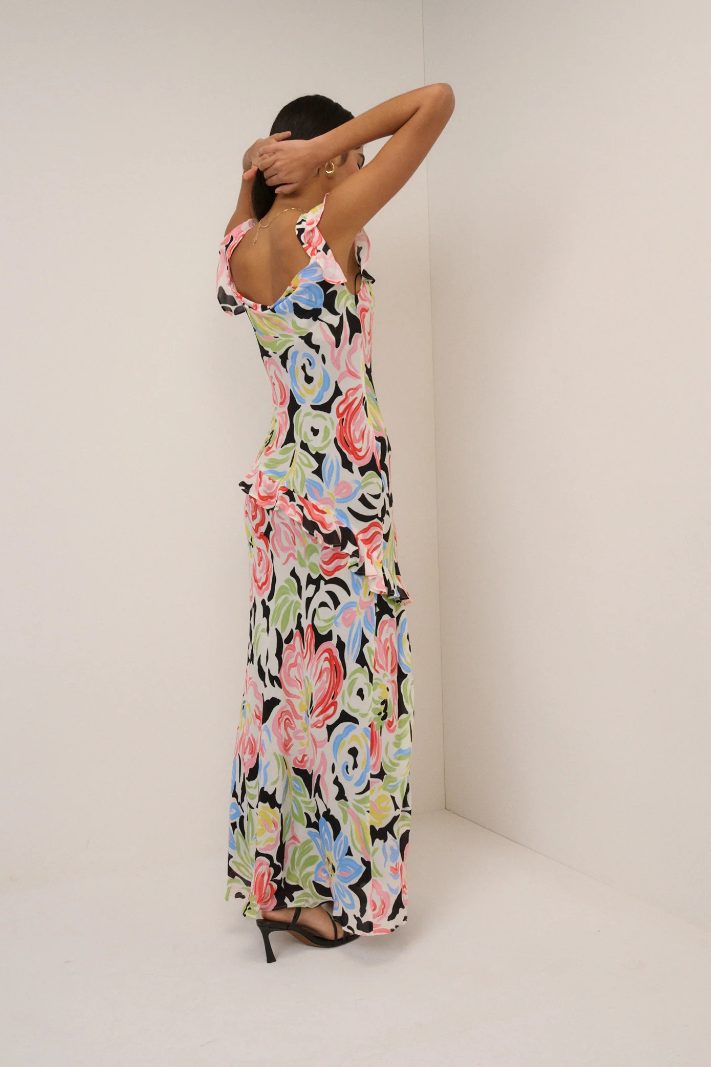 Nobody's Child Black Floral Juniper Midi Dress by nobody’s child shown from back shop nobody’s child at Dotique full length view