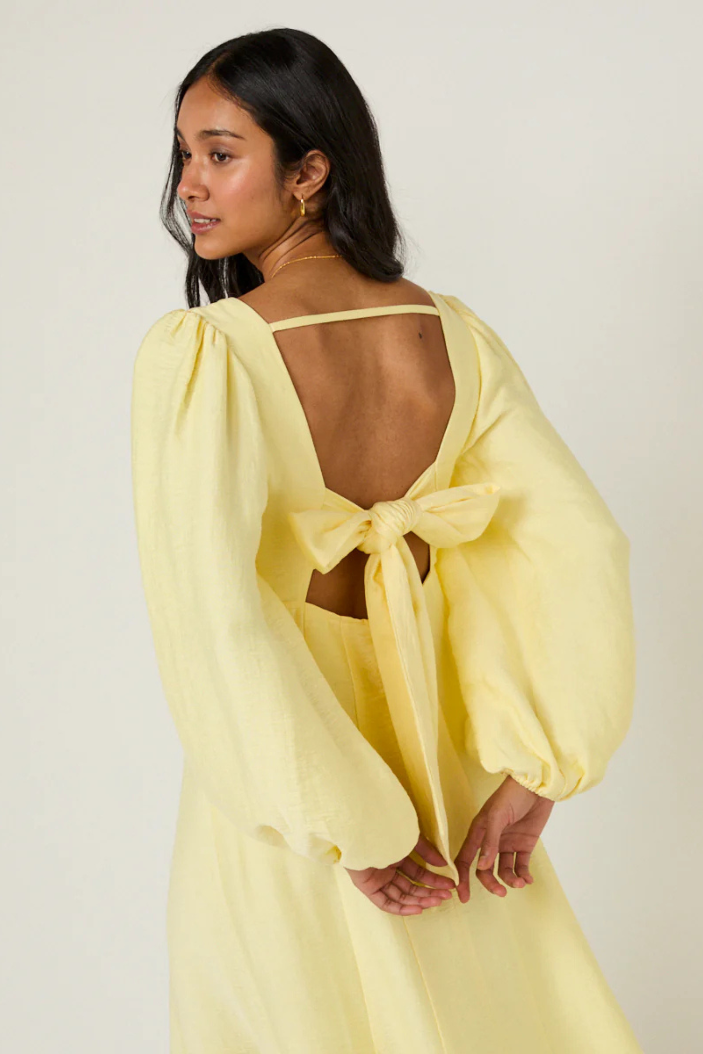Nobody's Child Butter Yellow Bow Keyaa Midi Dress by nobody’s child shown from back with bow detail shop nobody’s child at Dotique