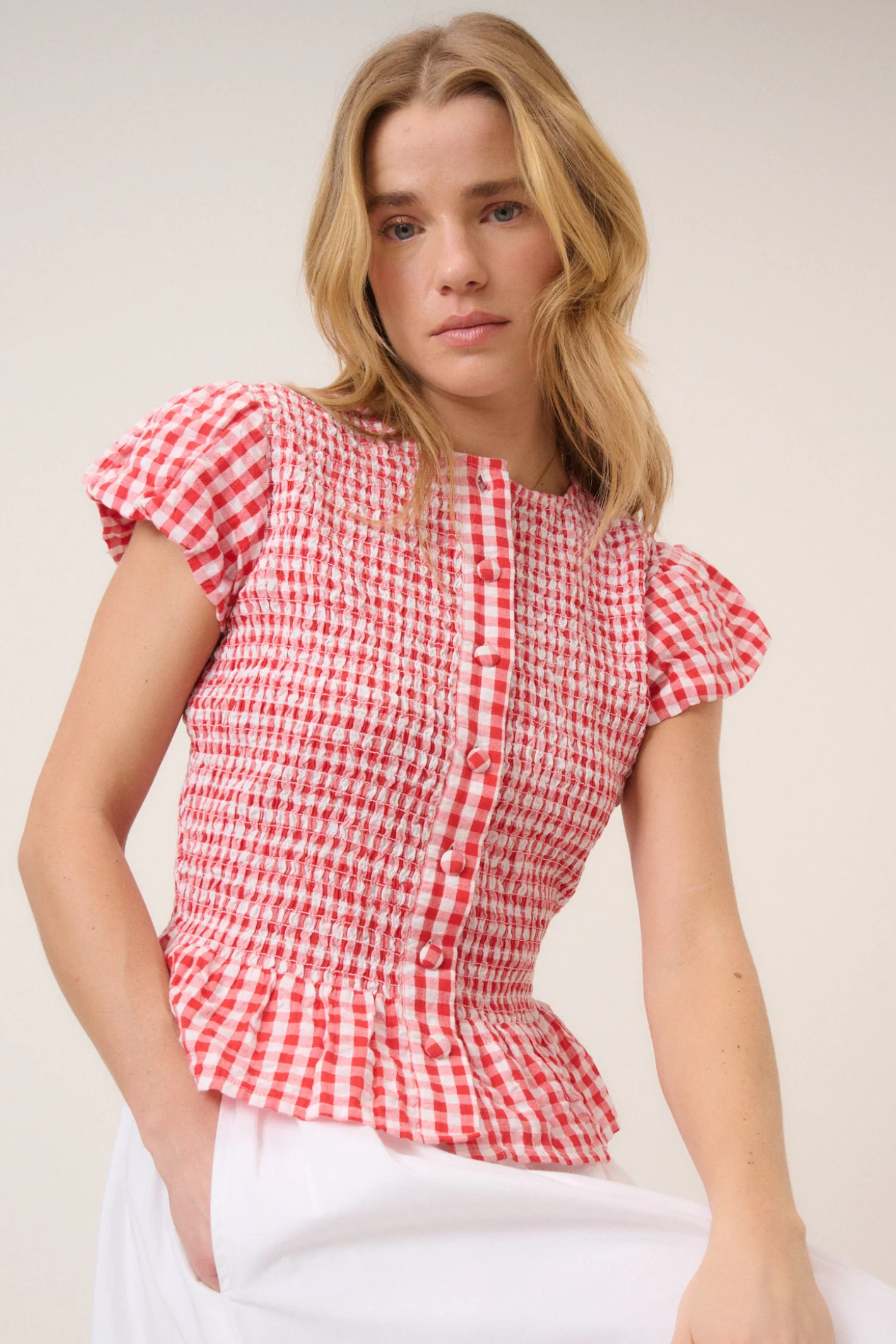 Nobody's Child Lana Red Gingham Puff Sleeve Blouse by nobody’s child modeled simply Shop nobody’s child at Dotique
