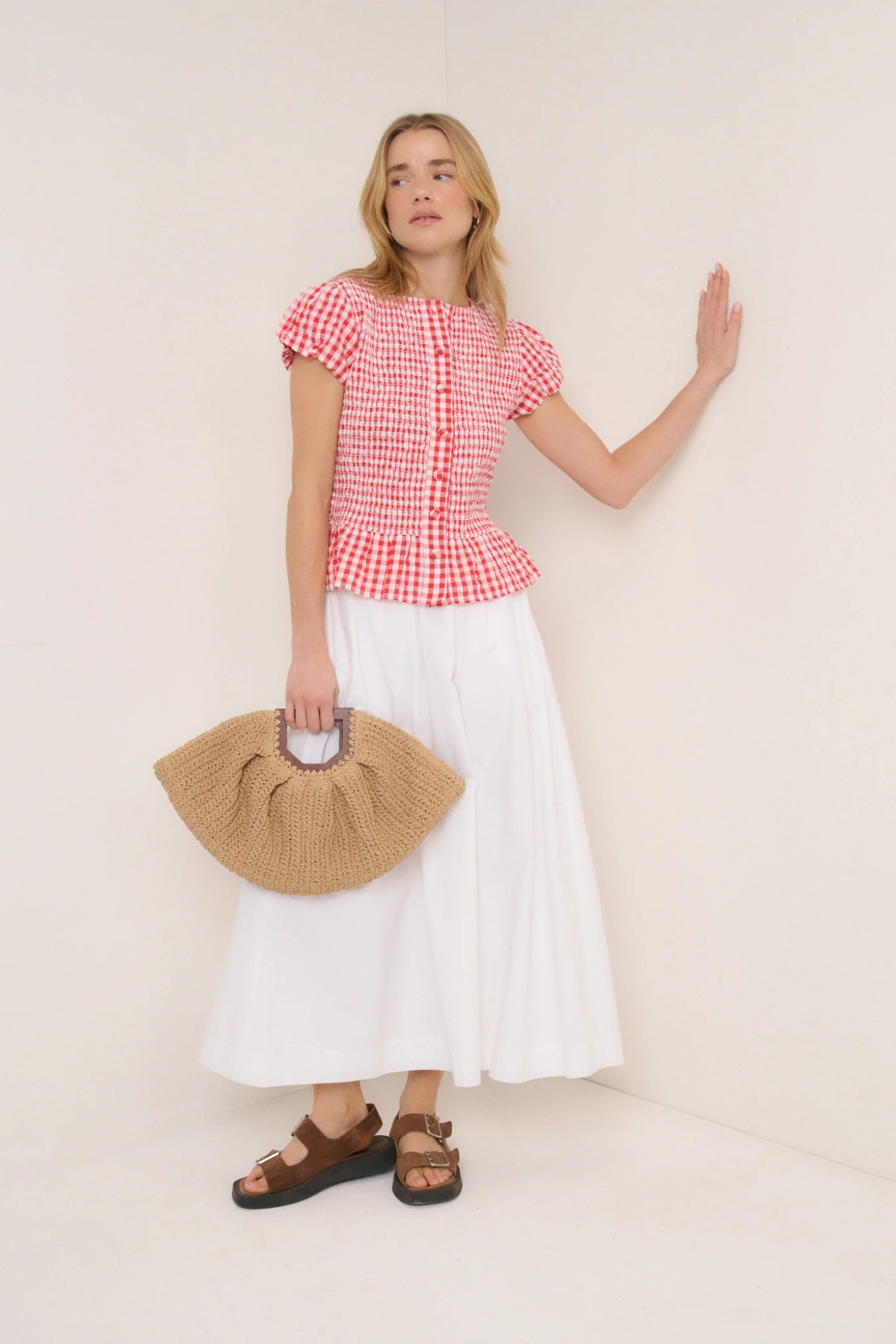 Nobody's Child Lana Red Gingham Puff Sleeve Blouse by nobody’s child styled with woven handbag Shop nobody’s child at Dotique