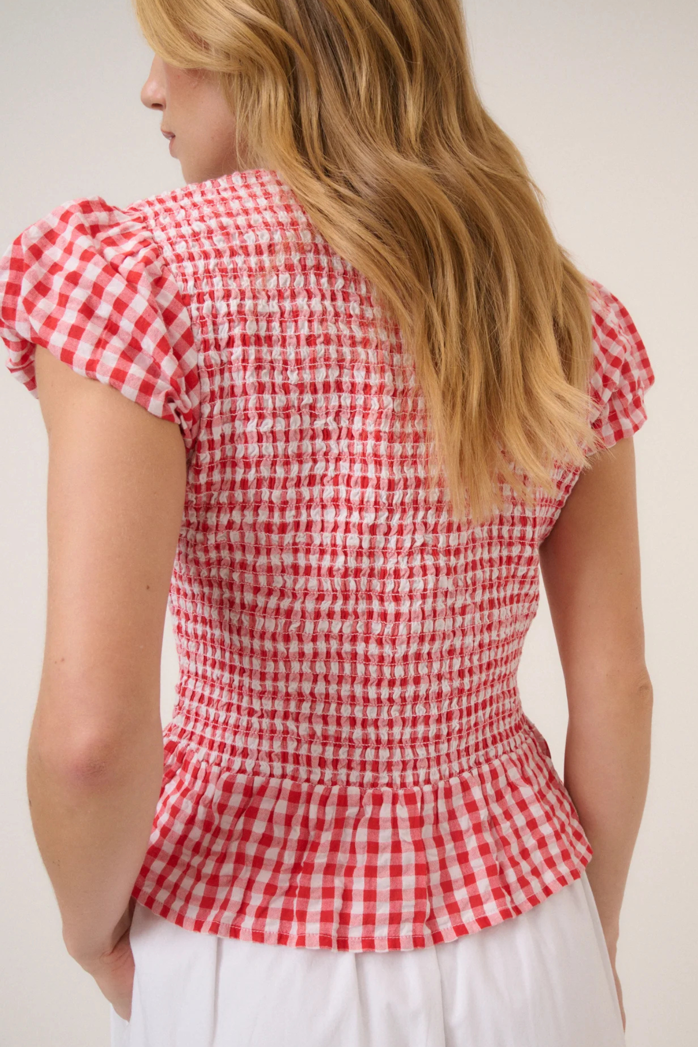 Nobody's Child Lana Red Gingham Puff Sleeve Blouse by nobody’s child shown from the back Shop nobody’s child at Dotique