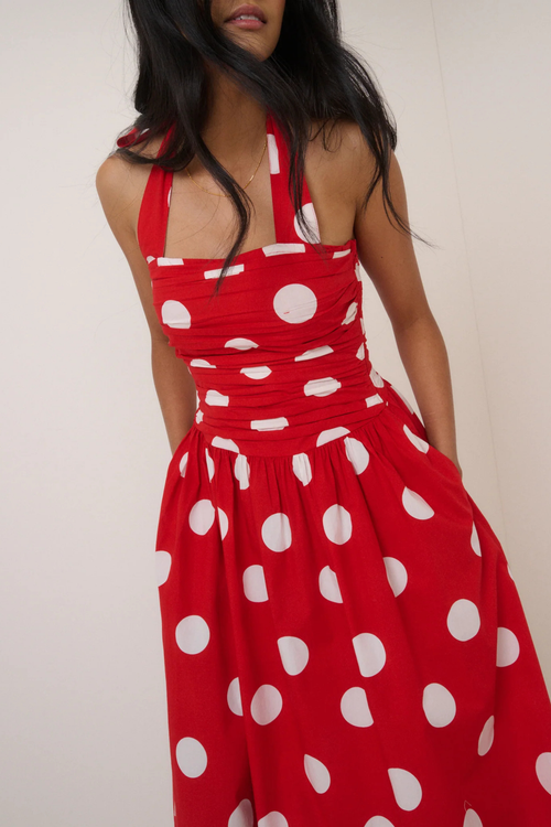 Nobody's Child Red Polka Dot Halterneck Lilah Midi Dress by nobody’s child styled on model Shop nobody’s child at Dotique