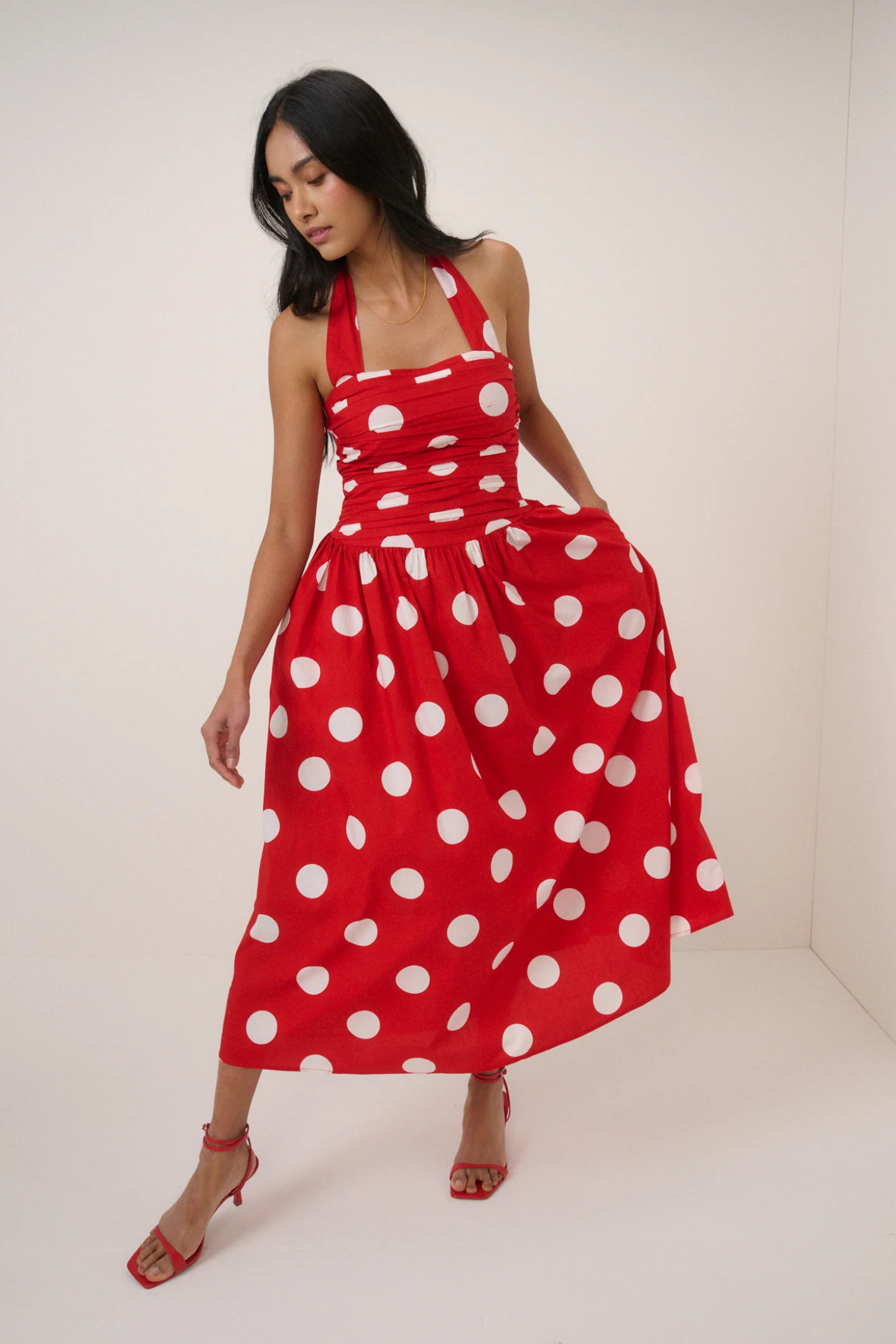 Nobody's Child Red Polka Dot Halterneck Lilah Midi Dress by nobody’s child styled with red heels Shop nobody’s child at Dotique