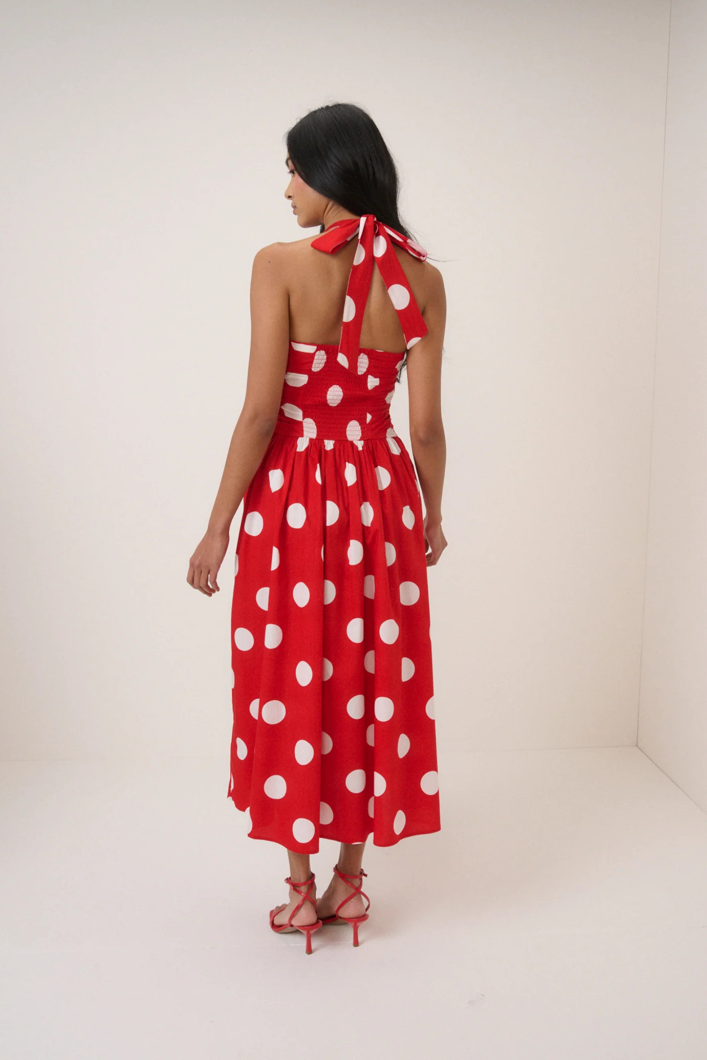 Nobody's Child Red Polka Dot Halterneck Lilah Midi Dress by nobody’s child styled from the back Shop nobody’s child at Dotique
