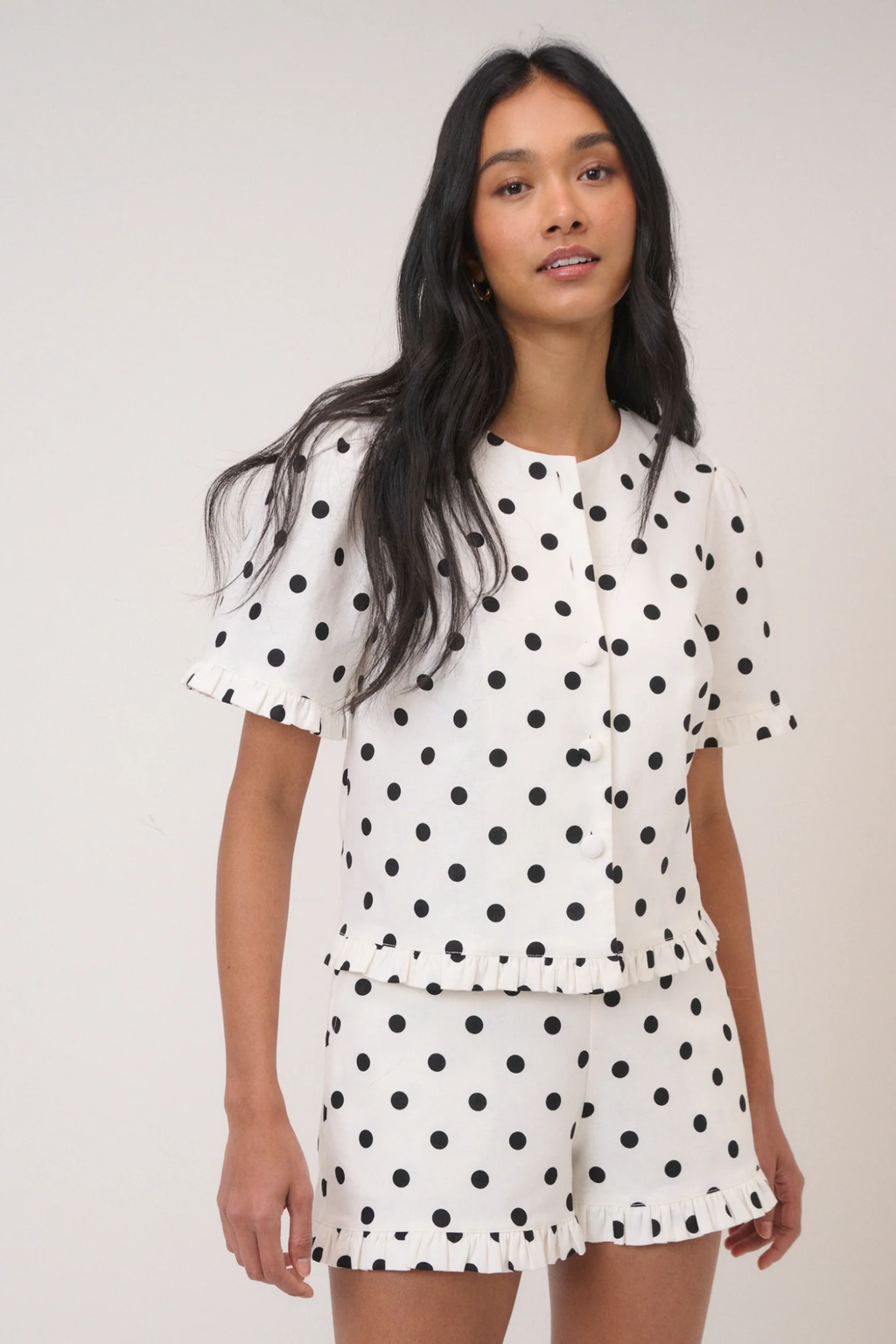 Model wearing Nobody’s Child Ronne Frill Button Through Top Polka Dot by Nobody’s Child, shop Nobody’s Child at Dotique.