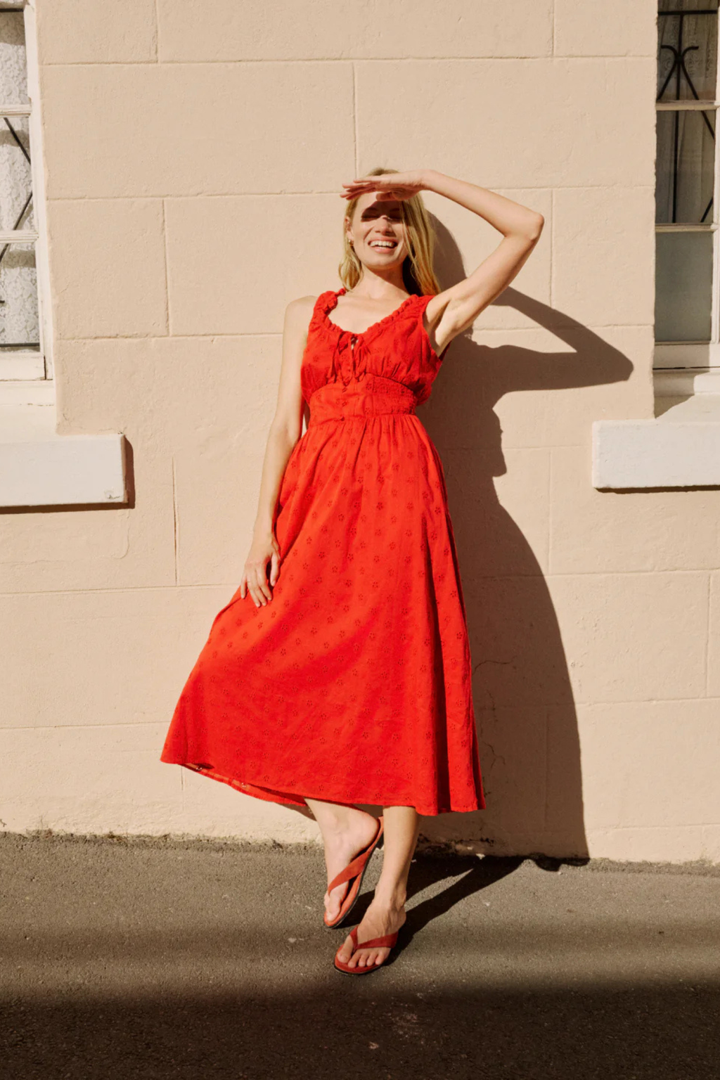 Nobody's Child Red Floral Rylee Midi Dress by nobody’s child worn sleeveless in bright sunlight shop nobody’s child at Dotique