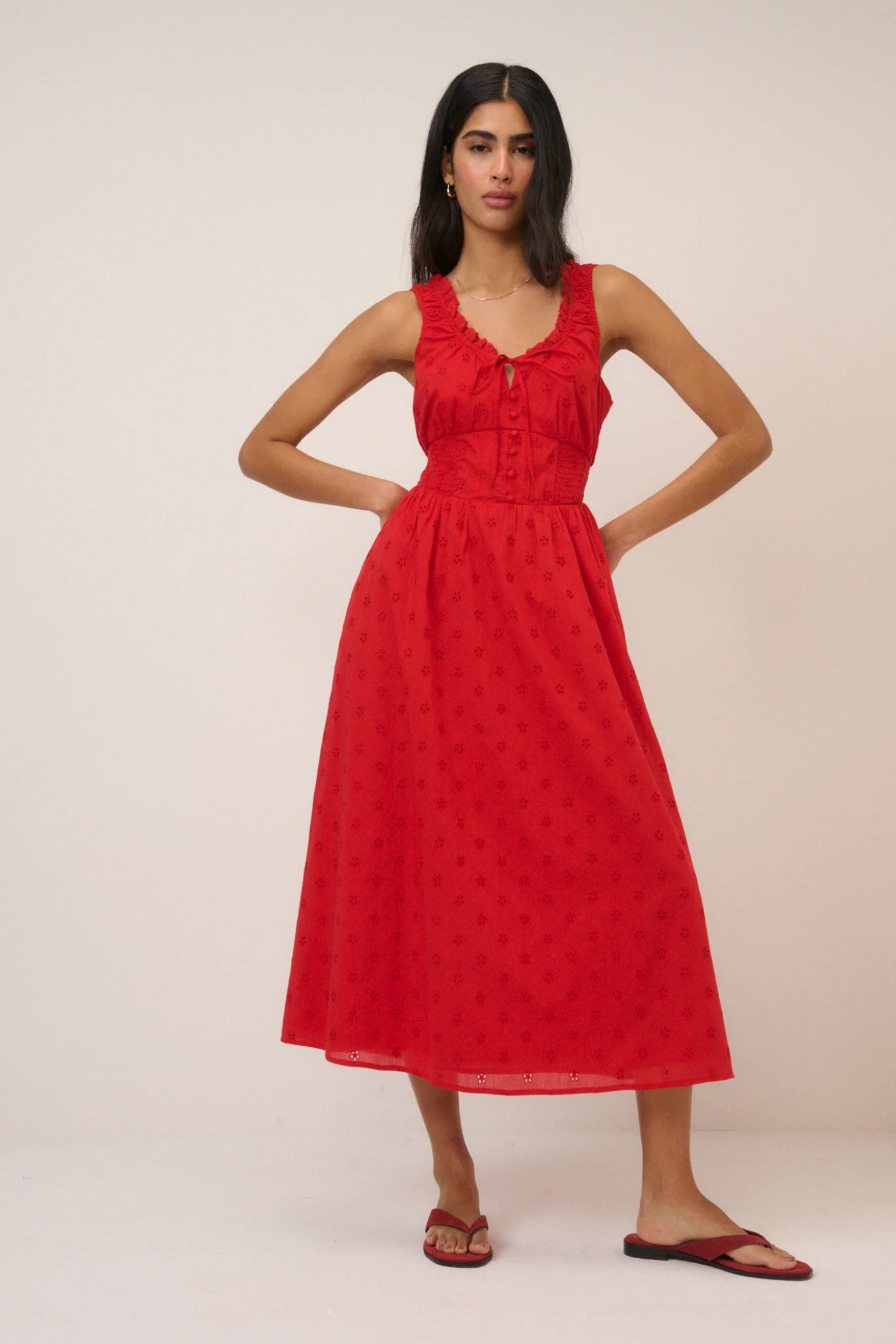 Nobody's Child Red Floral Rylee Midi Dress by nobody’s child with sleeveless ruffle details shop nobody’s child at Dotique