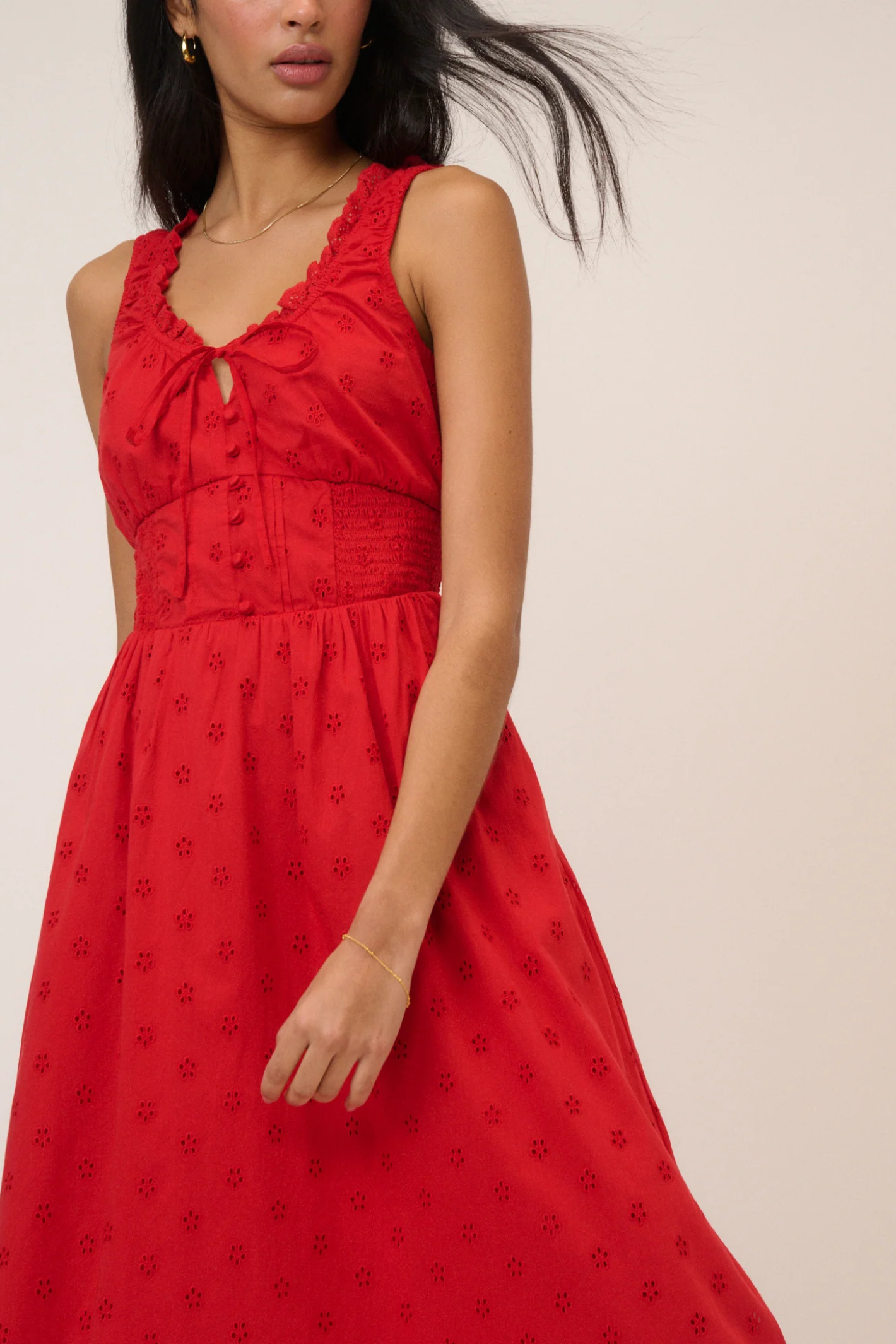 Nobody's Child Red Floral Rylee Midi Dress by nobody’s child worn sleeveless with eyelet details shop nobody’s child at Dotique