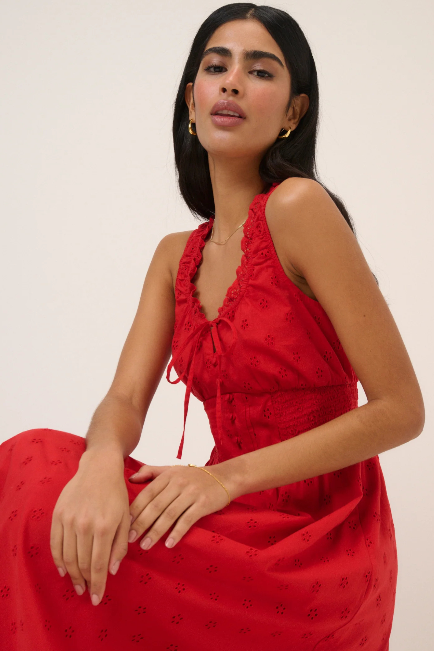 Nobody's Child Red Floral Rylee Midi Dress by nobody’s child worn seated with tie detail shop nobody’s child at Dotique