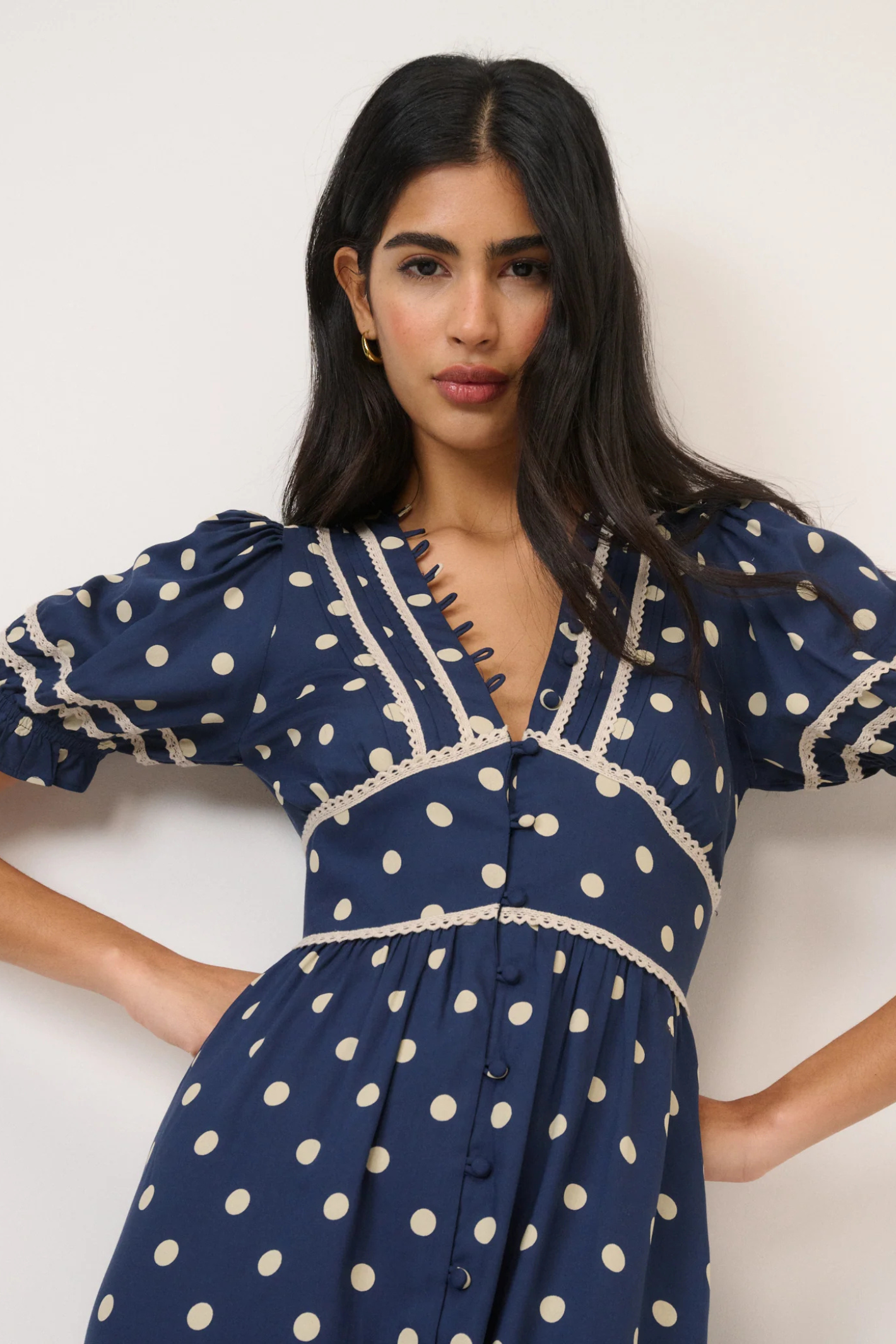 Nobody's Child Saffy Navy Polka Dot Midi Dress by nobody’s child featuring puff sleeves styled elegantly Shop nobody’s child at Dotique