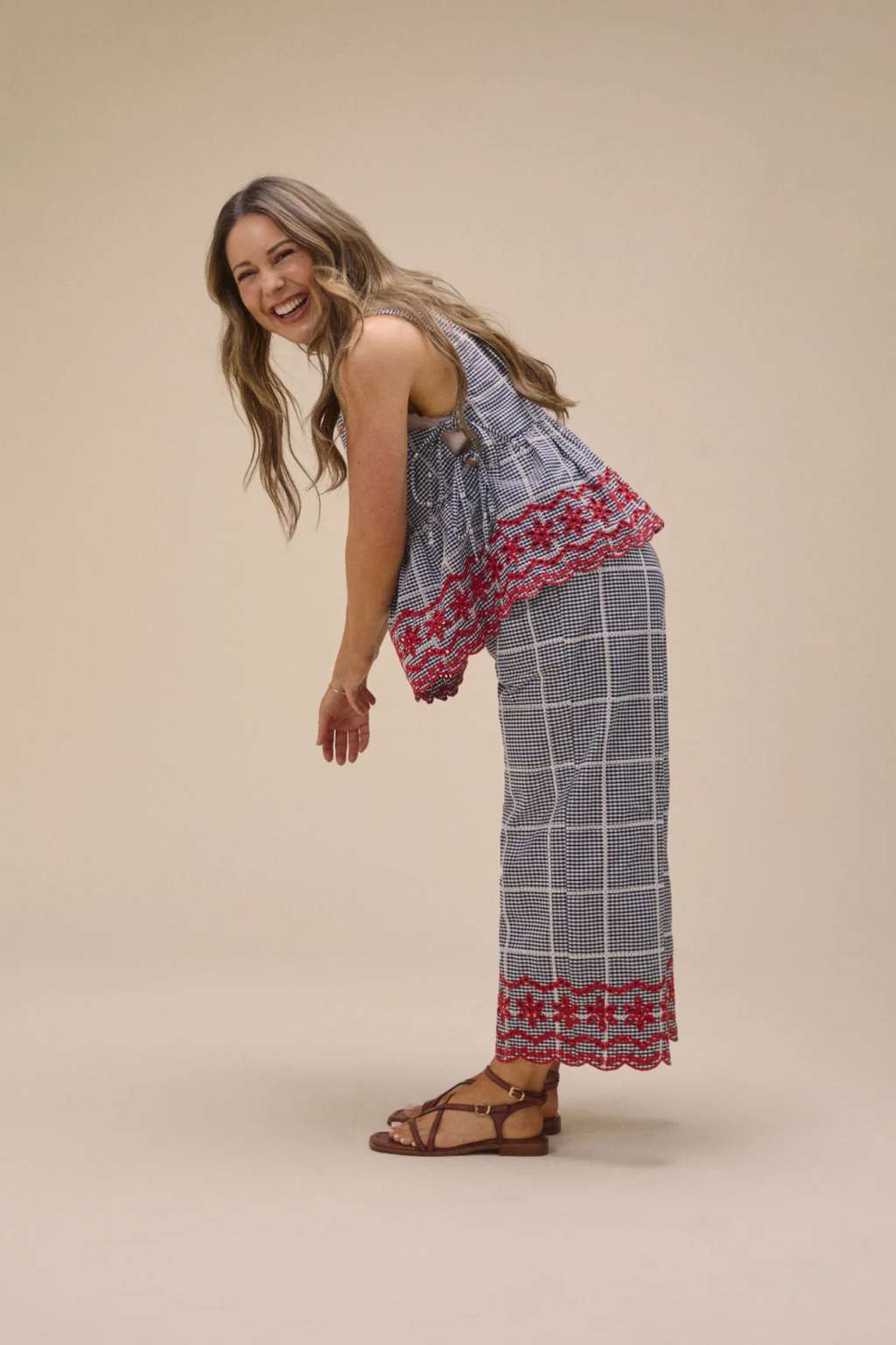 Woman wearing Nobody's Child Shrew Embroidered Cropped Trousers Black Gingham by Nobody’s Child, shop Nobody’s Child at Dotique