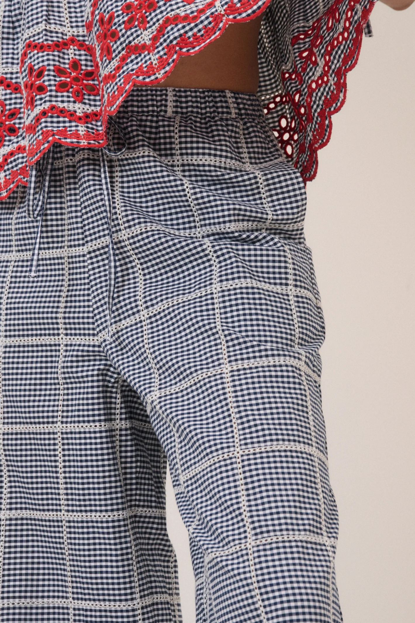 Nobody's Child Shrew Embroidered Cropped Trousers Black Gingham by Nobody’s Child with red embroidered top, shop Nobody’s Child at Dotique