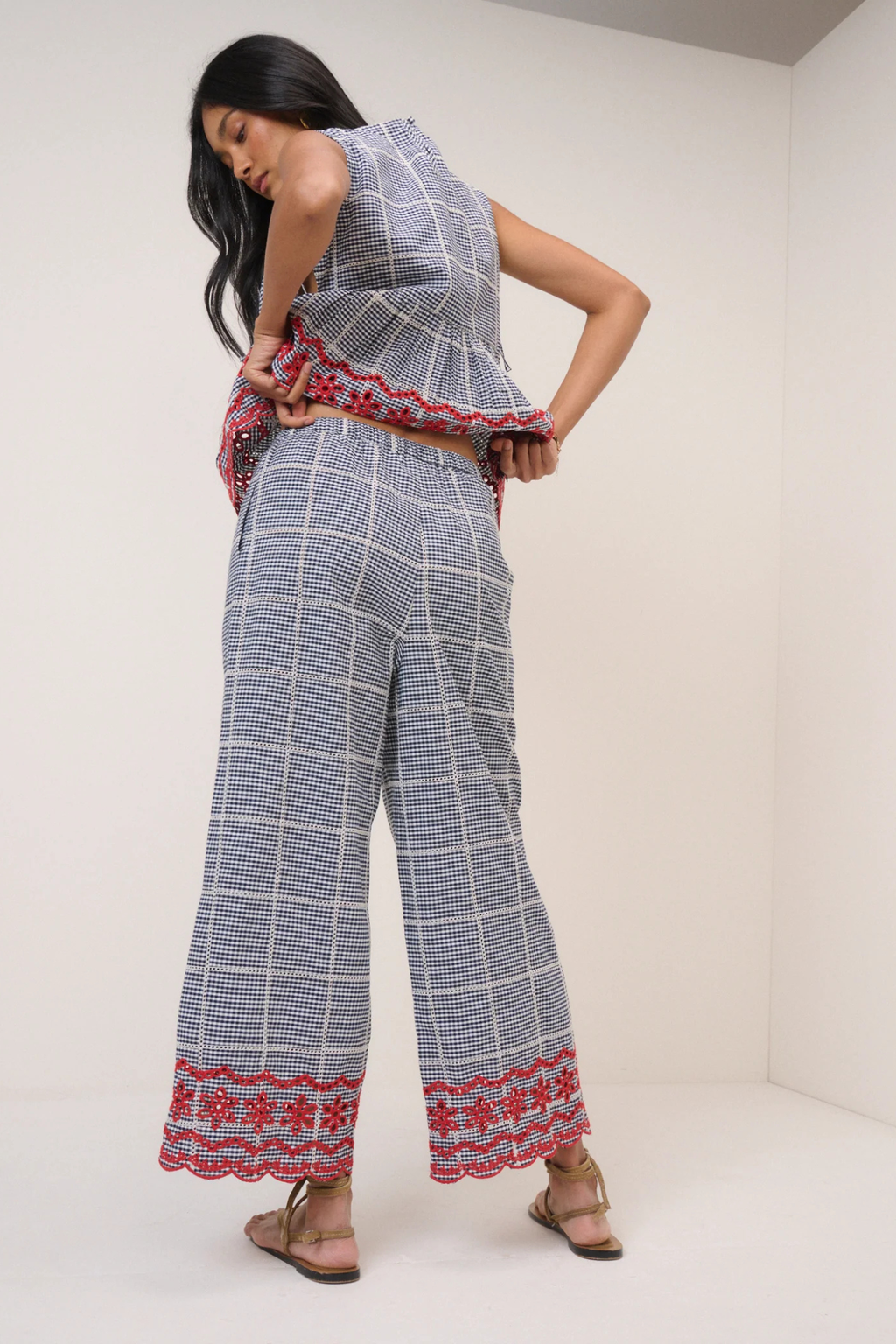 Nobody's Child Shrew Embroidered Cropped Trousers Black Gingham by Nobody’s Child, shop stylish trousers at Dotique.