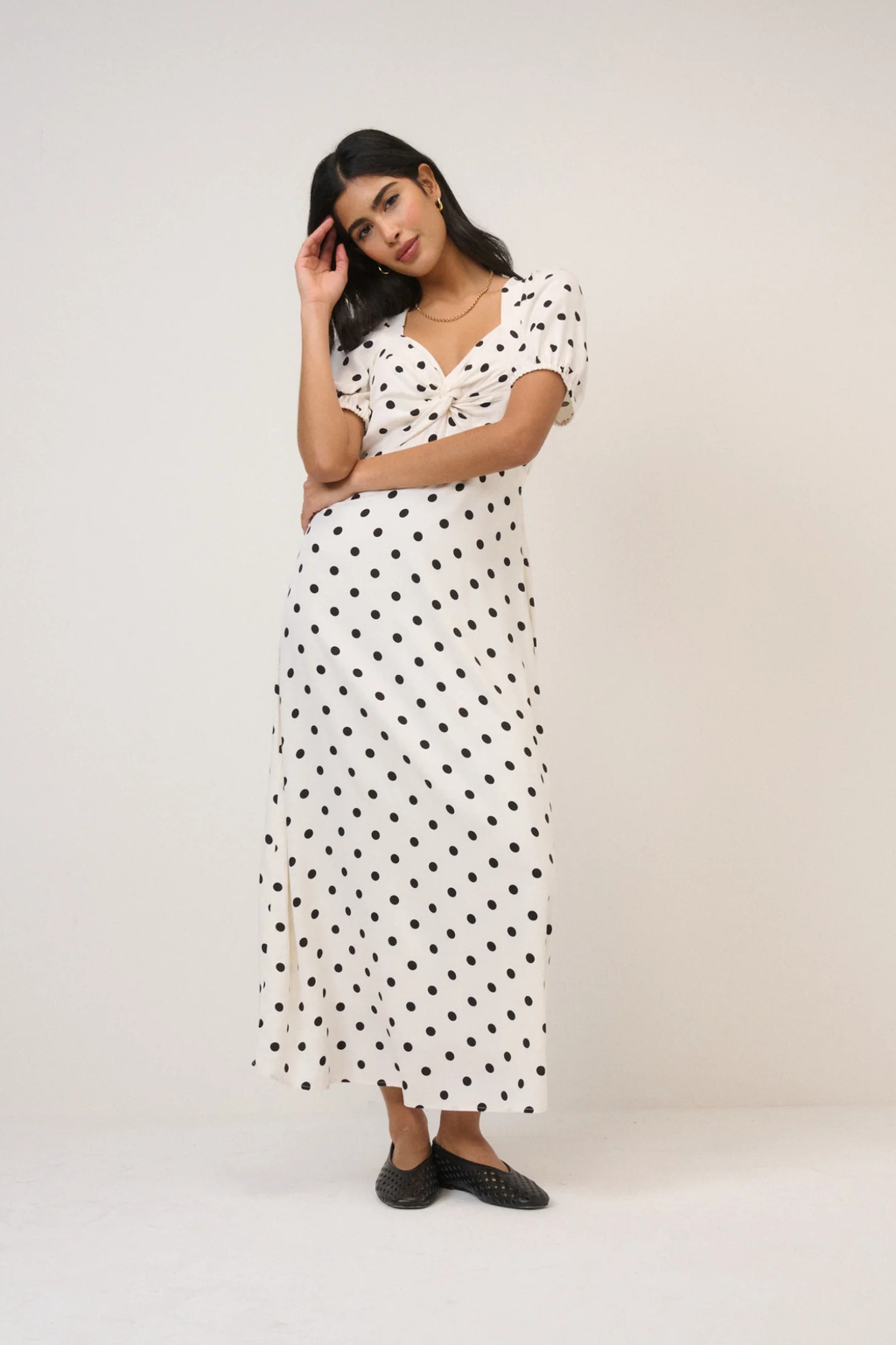 Nobody's Child White Polka Dot Tyla Midi Dress by nobody’s child styled simple on model Shop nobody’s child at Dotique