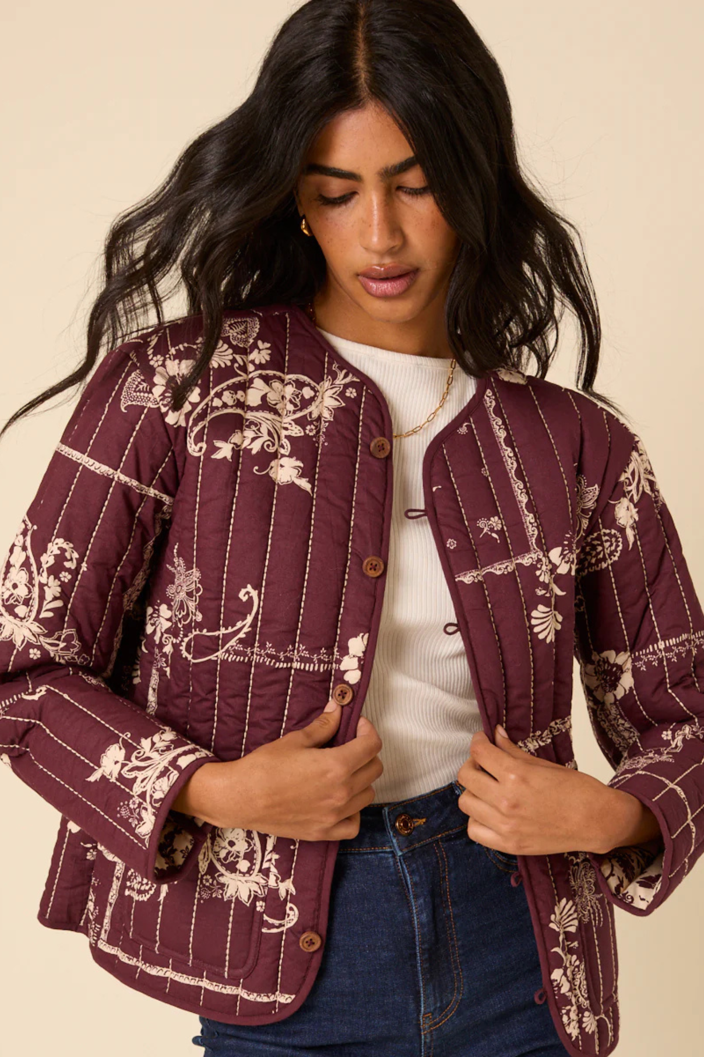 Nobody’s Child O254068 Burgundy Floral Reversible Quilted Jacket