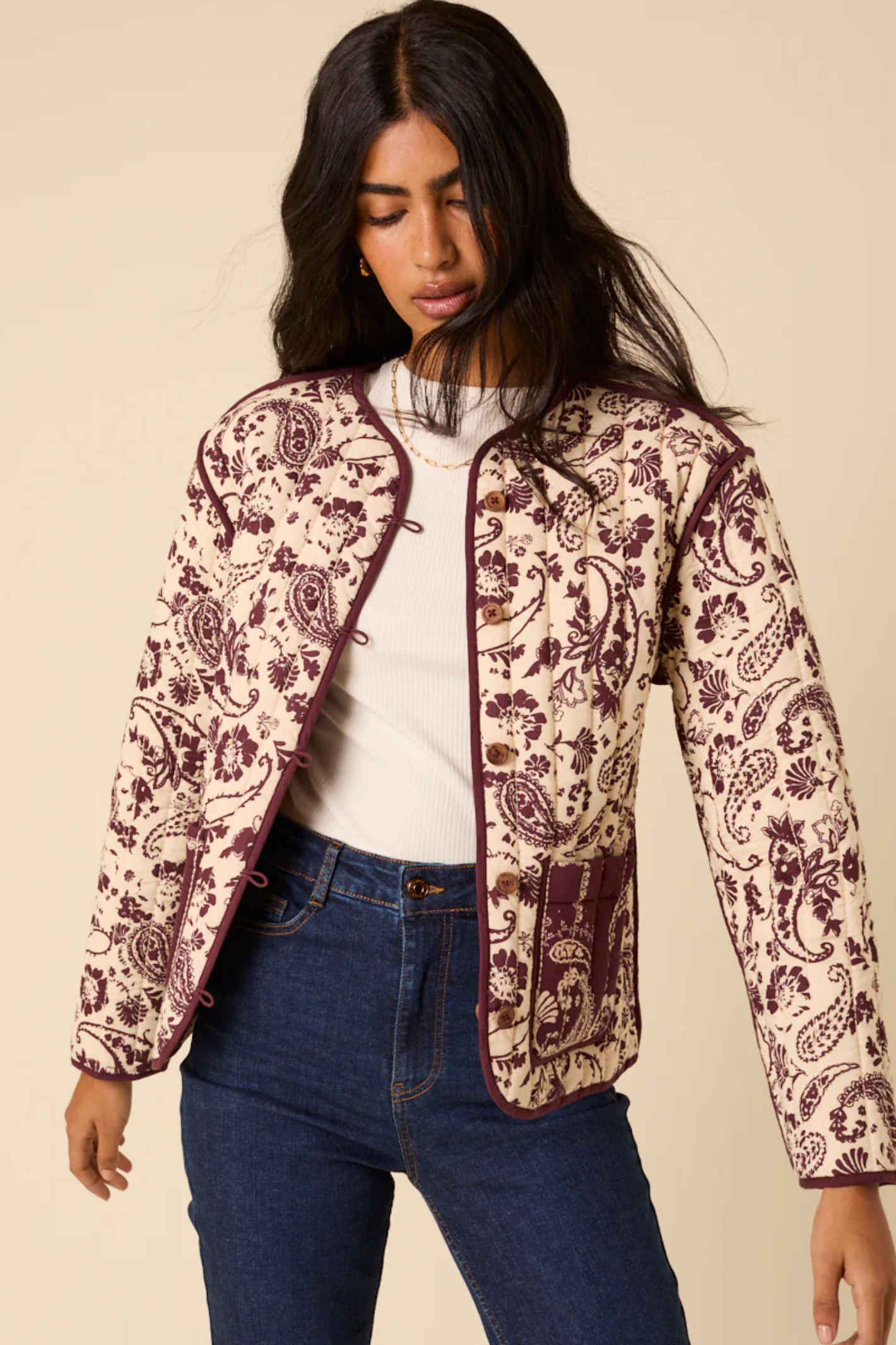 Nobody’s Child O254068 Burgundy Floral Reversible Quilted Jacket