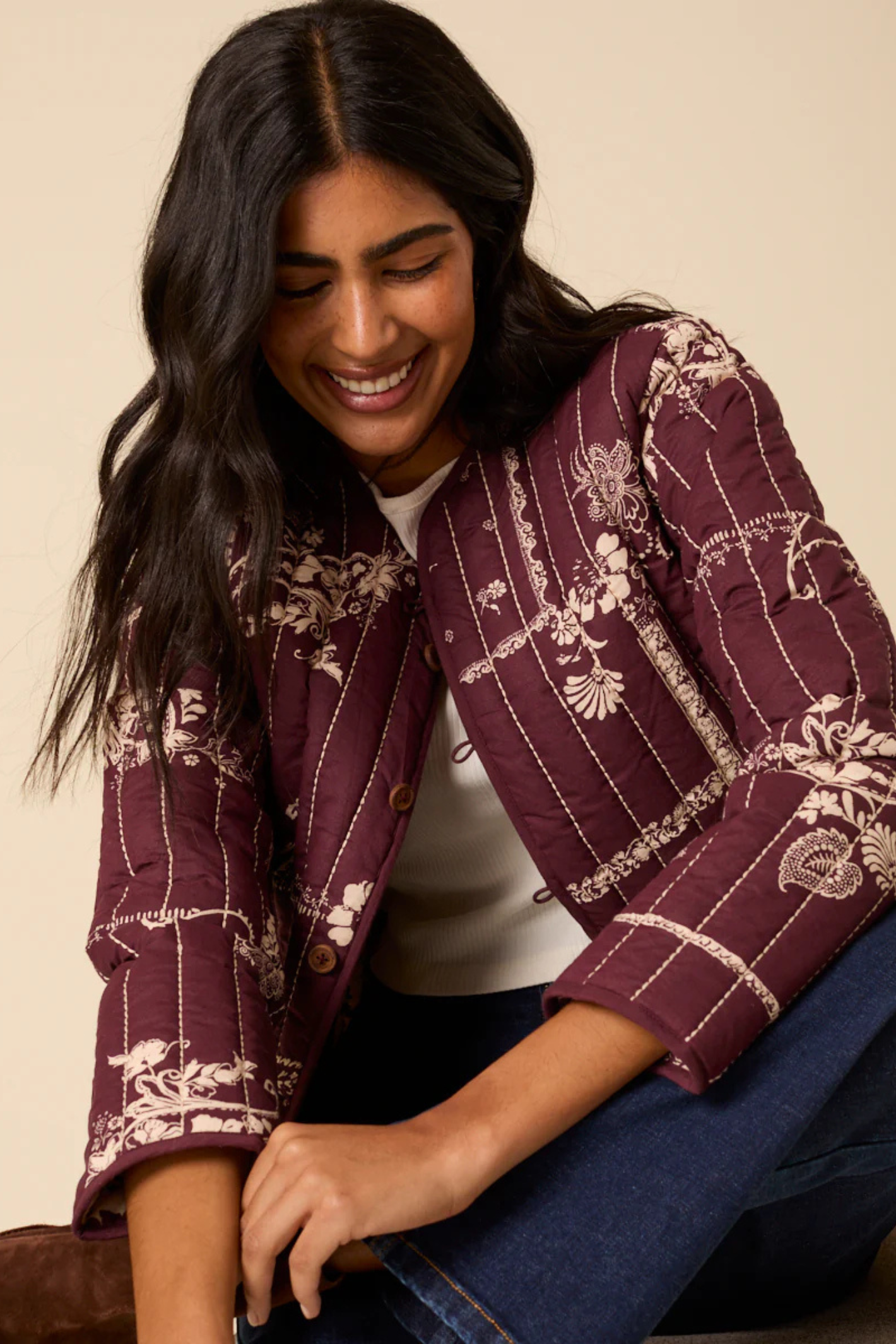 Nobody’s Child O254068 Burgundy Floral Reversible Quilted Jacket