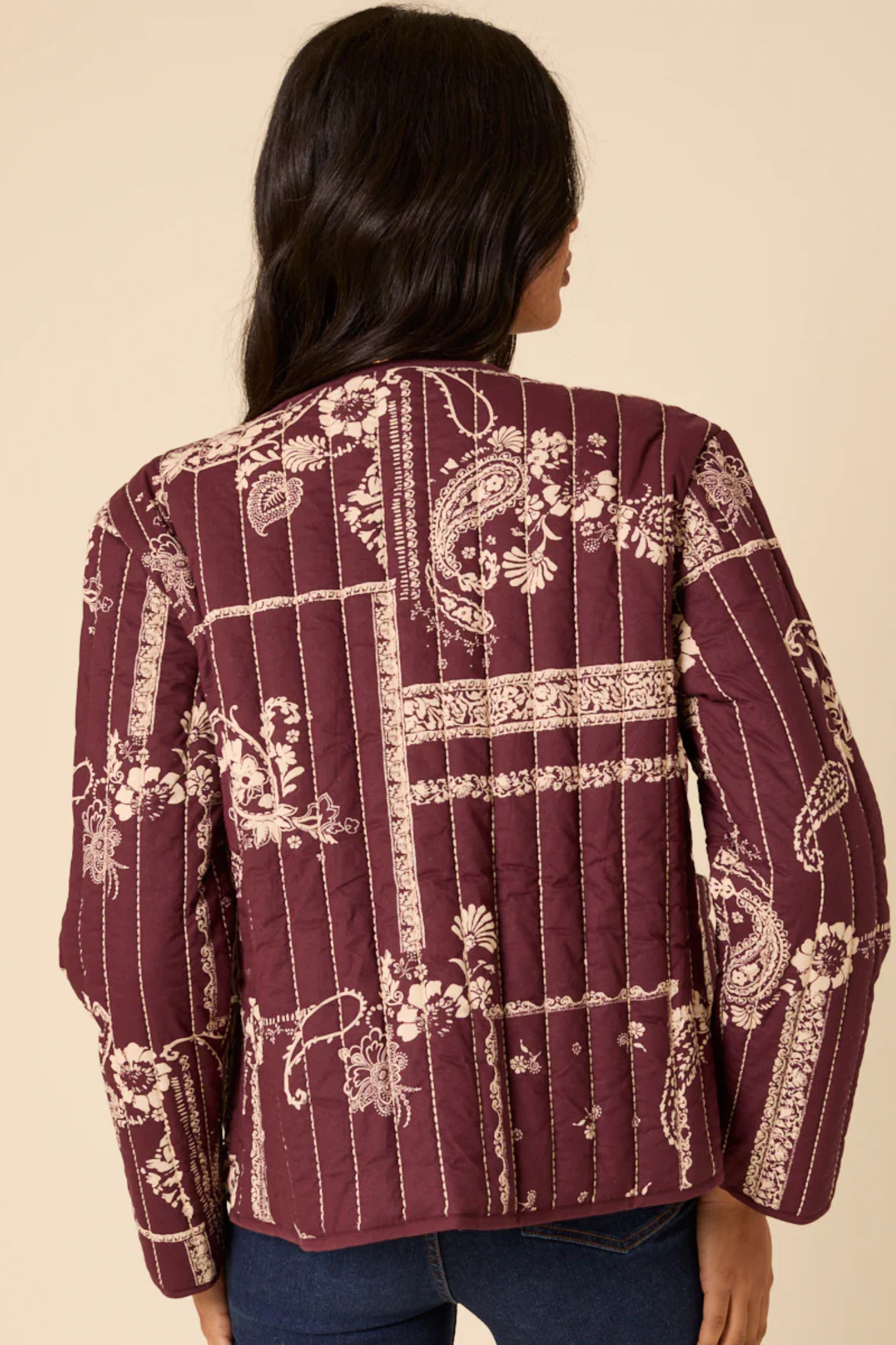 Nobody’s Child O254068 Burgundy Floral Reversible Quilted Jacket