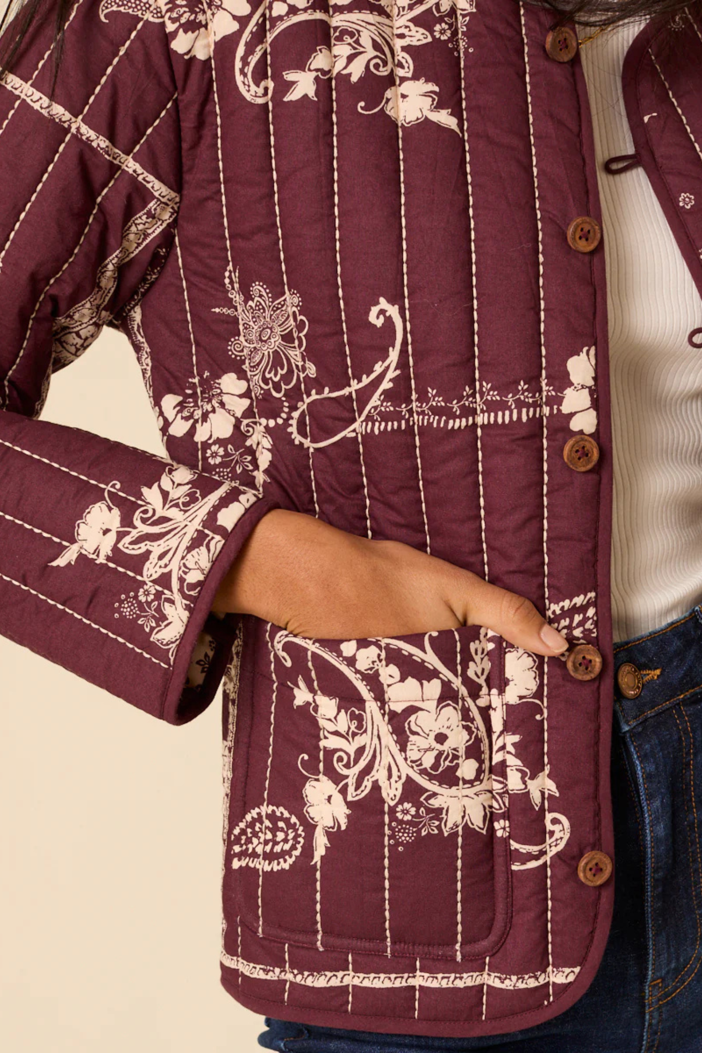 Nobody’s Child O254068 Burgundy Floral Reversible Quilted Jacket