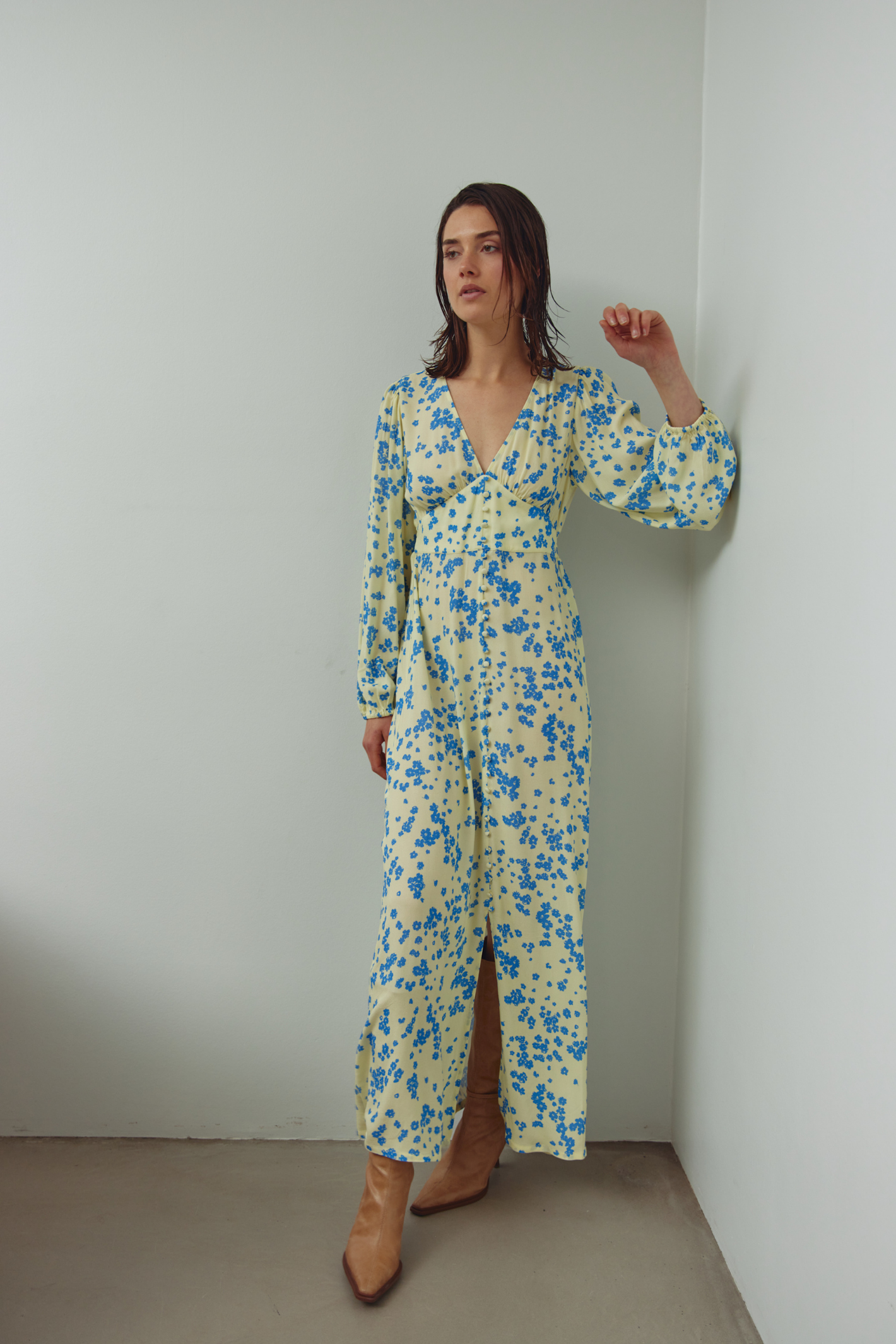 Dotique Noella 15130003 N-Lilith Maxi Dress in Deja Yellow print with deep V-neckline