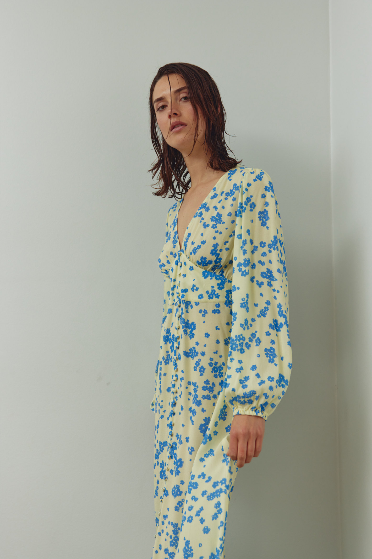 Dotique Noella 15130003 N-Lilith Maxi Dress in Deja Yellow print with deep V-neckline