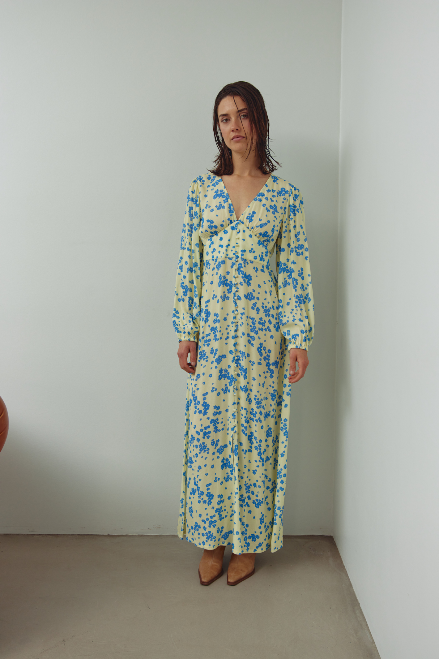 Dotique Noella 15130003 N-Lilith Maxi Dress in Deja Yellow print with deep V-neckline