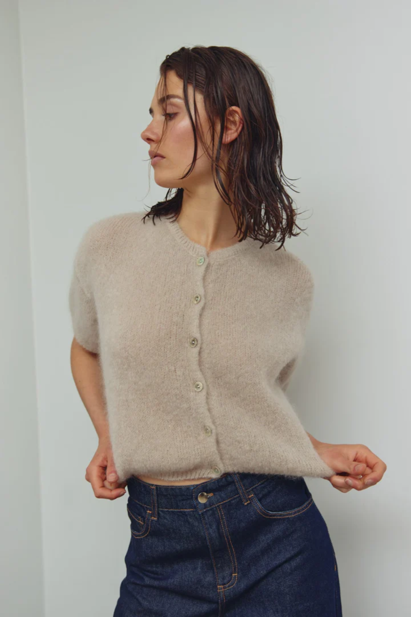 Dotique Noella 15250001 N-Lorell Knit Cardigan in beige with short sleeves and button down front