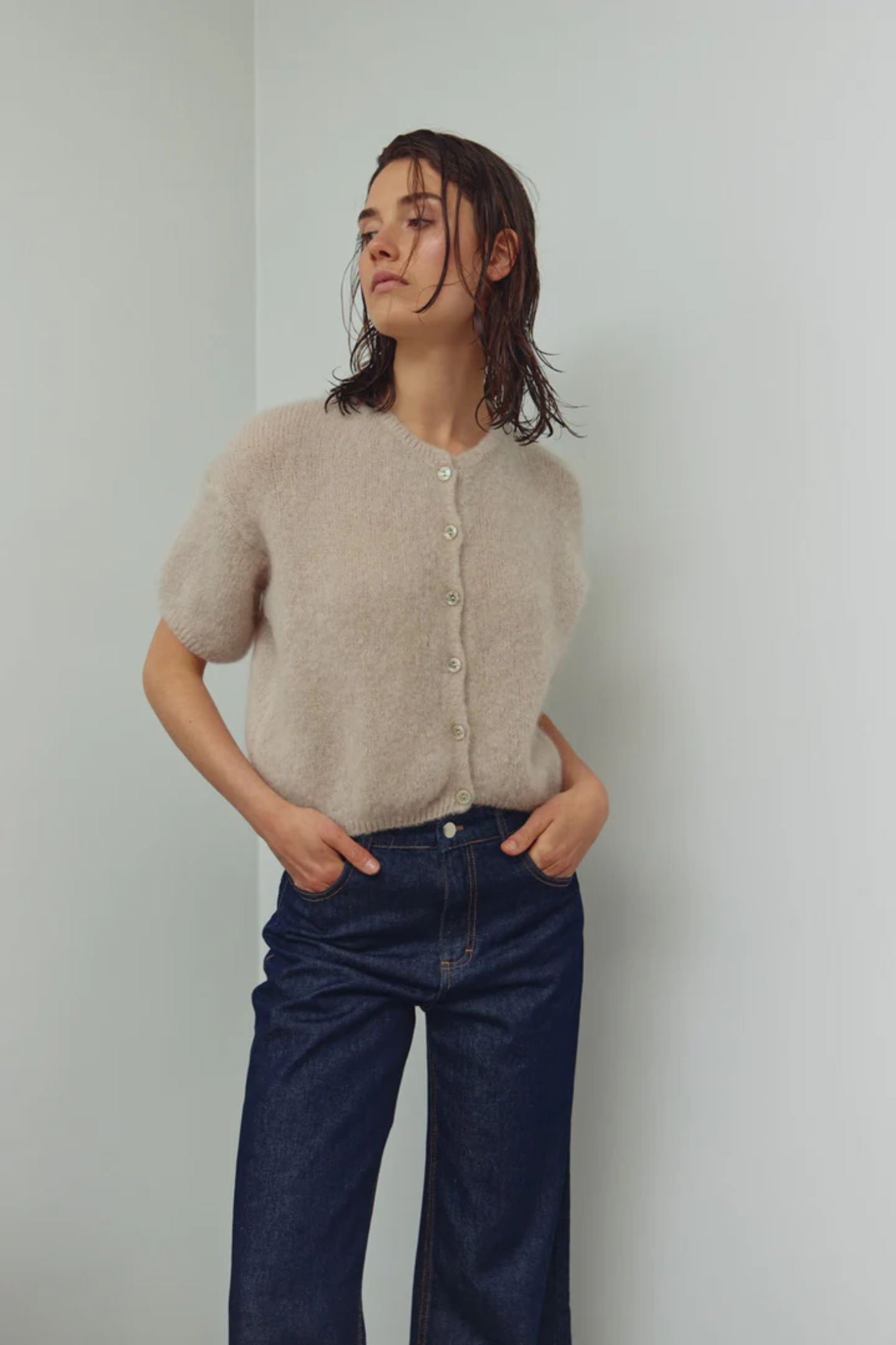 Dotique Noella 15250001 N-Lorell Knit Cardigan in beige with short sleeves and button down front