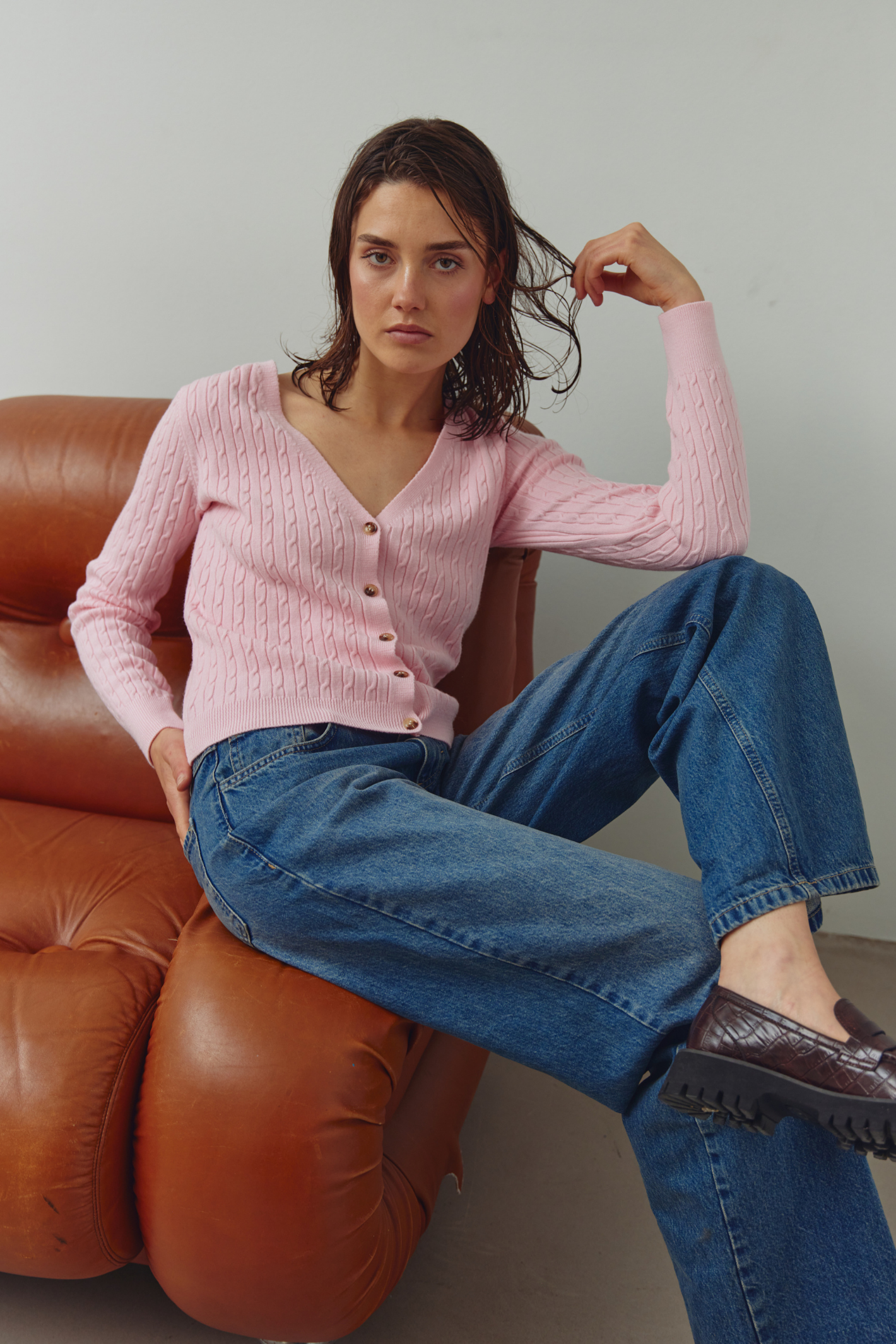 Dotique Noella 15260002 N-Laliah Knit Cardigan in baby pink with cable knit and V-neckline