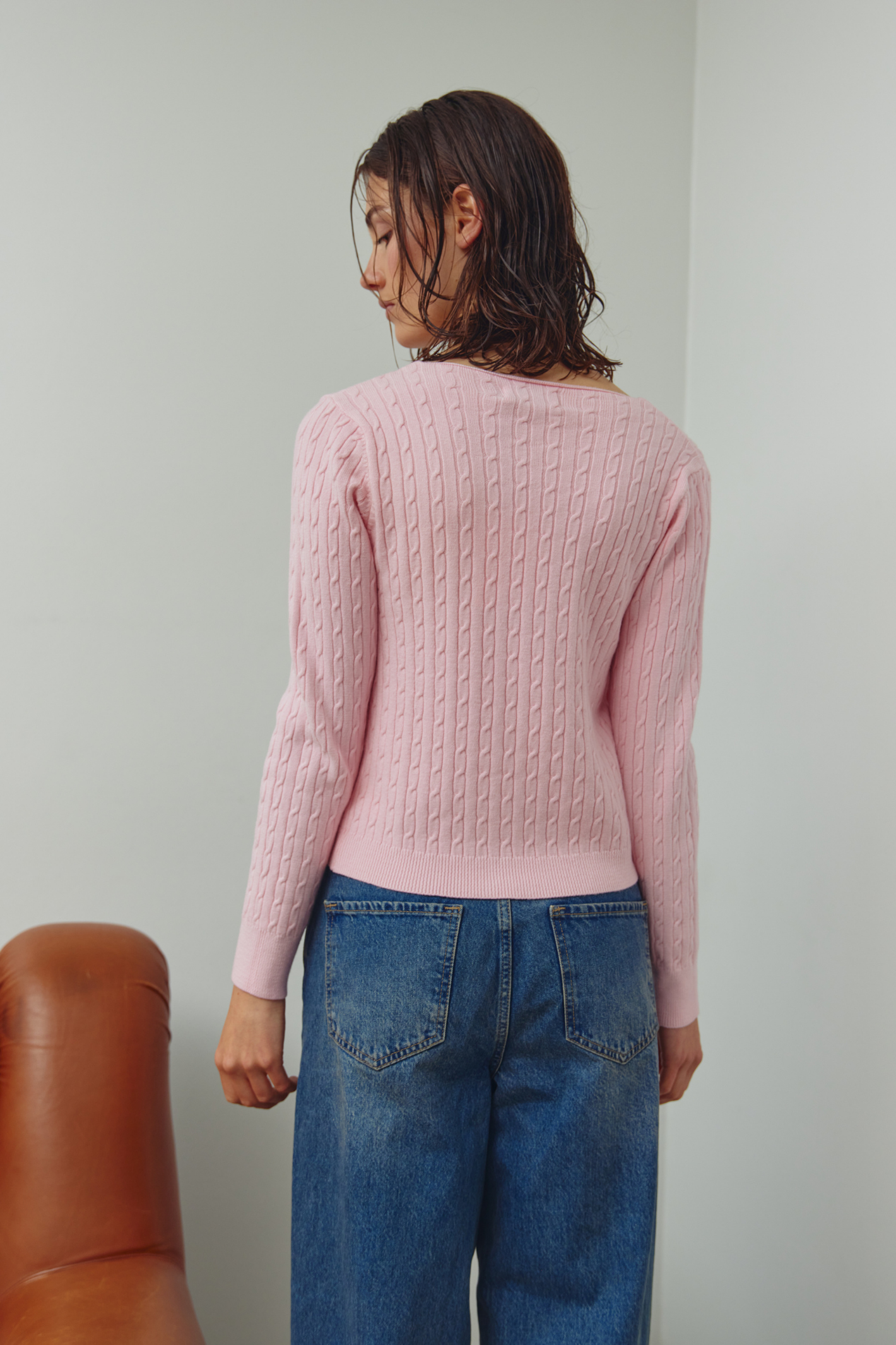 Dotique Noella 15260002 N-Laliah Knit Cardigan in baby pink with cable knit and V-neckline