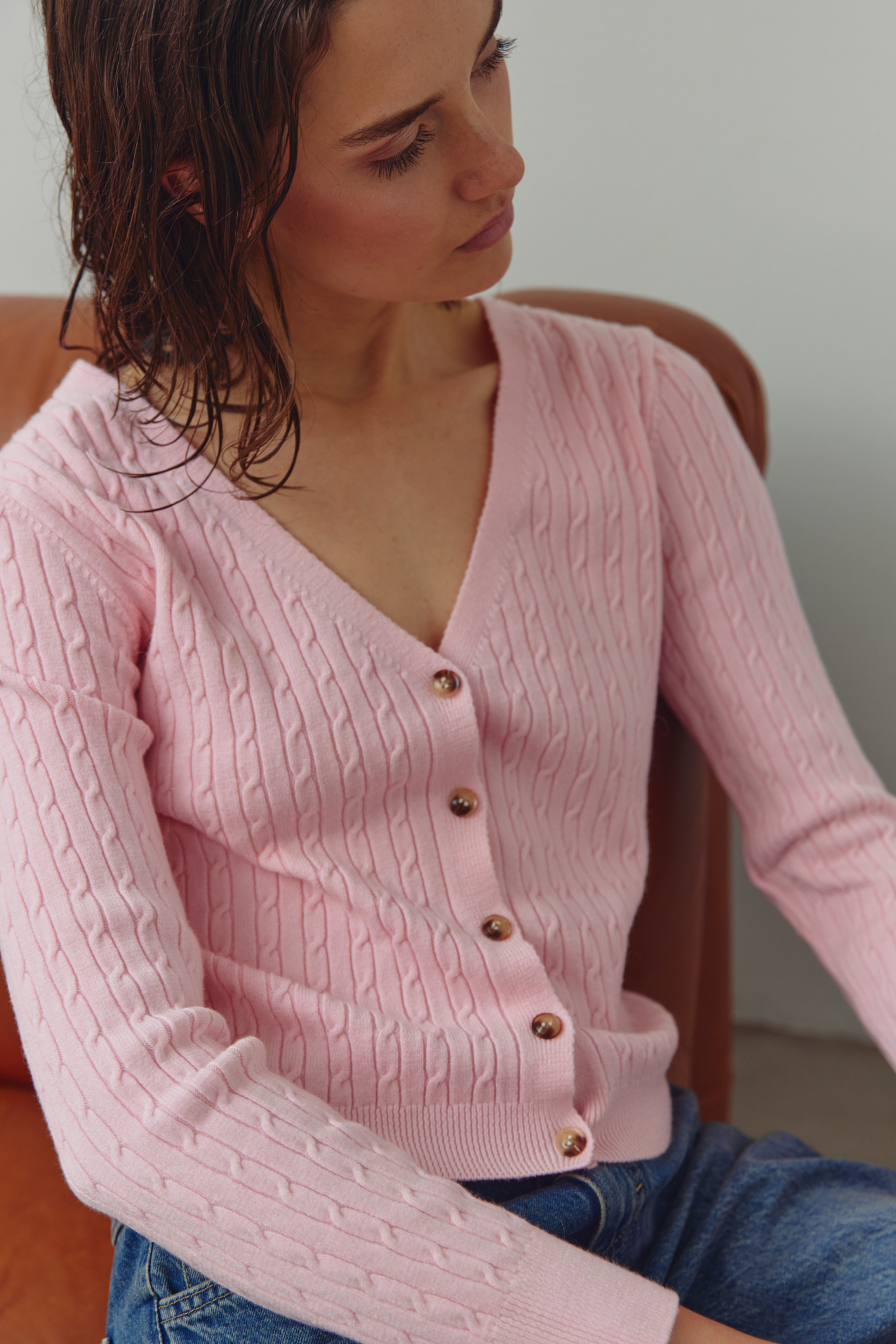 Dotique Noella 15260002 N-Laliah Knit Cardigan in baby pink with cable knit and V-neckline