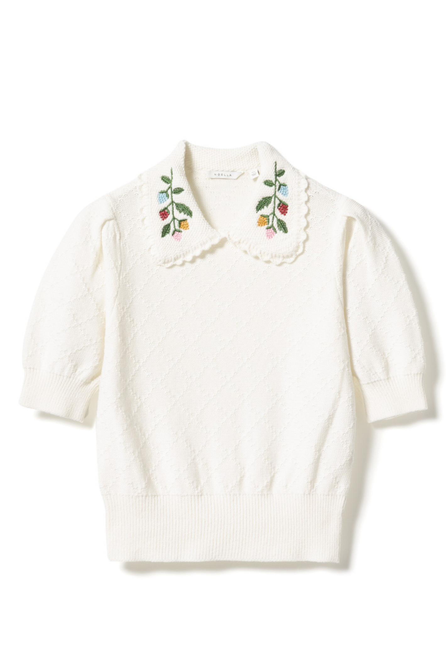 Noella 15010001 N-Madeleine Knit Ivory with embroidered collar, short sleeves and textured cotton knit at Dotique