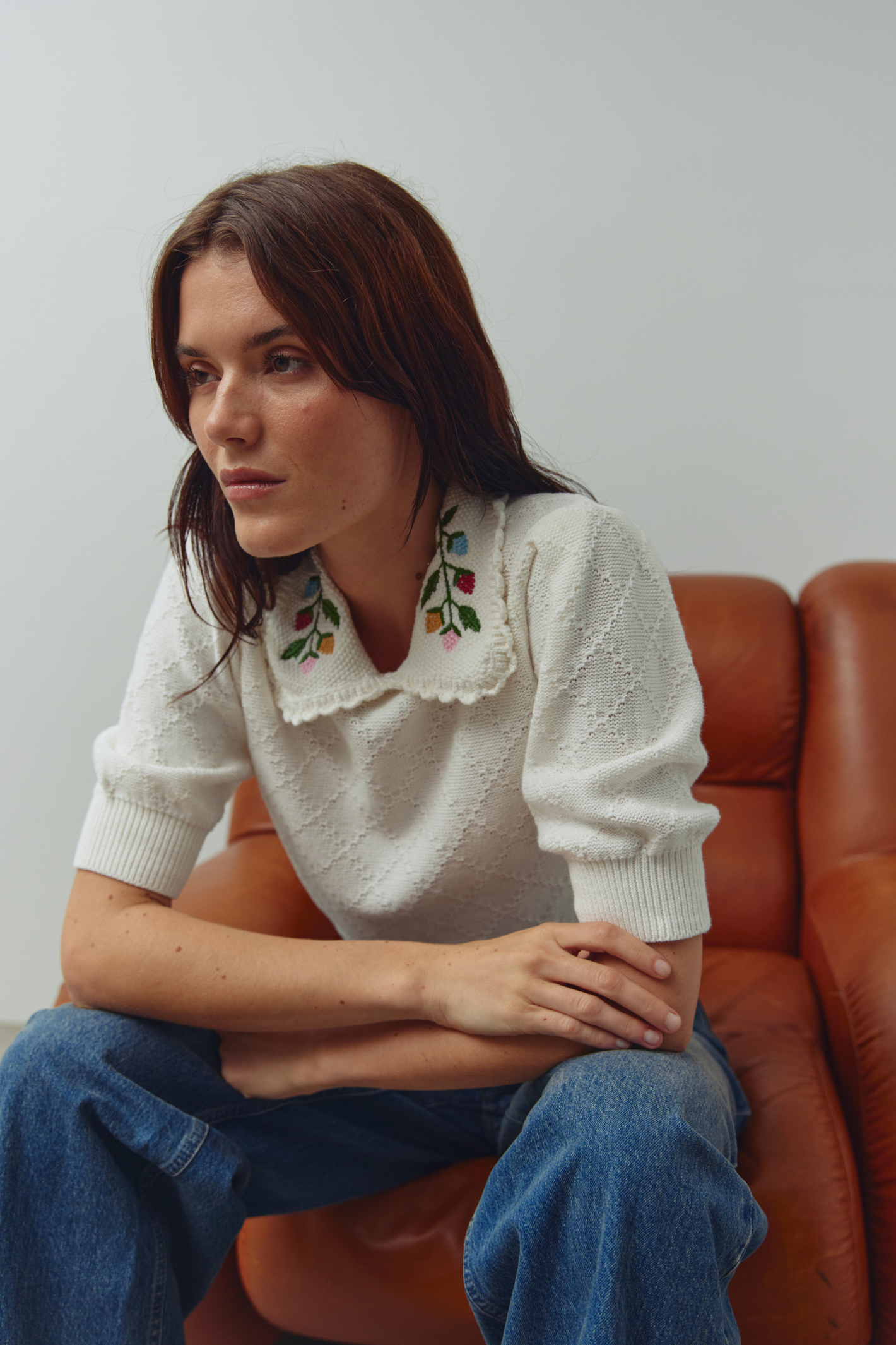 Noella 15010001 N-Madeleine Knit Ivory with embroidered collar, short sleeves and textured cotton knit at Dotique