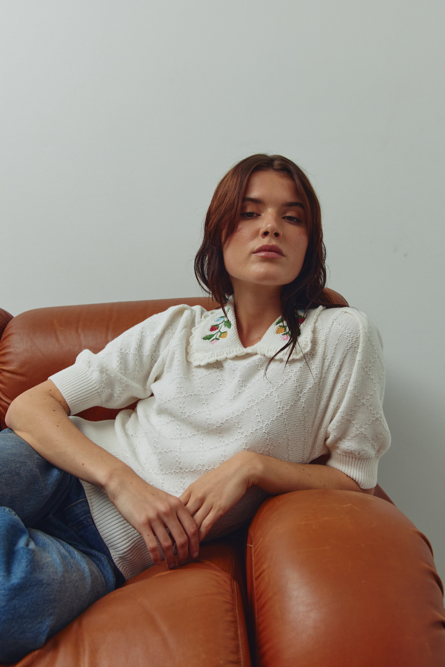 Noella 15010001 N-Madeleine Knit Ivory with embroidered collar, short sleeves and textured cotton knit at Dotique