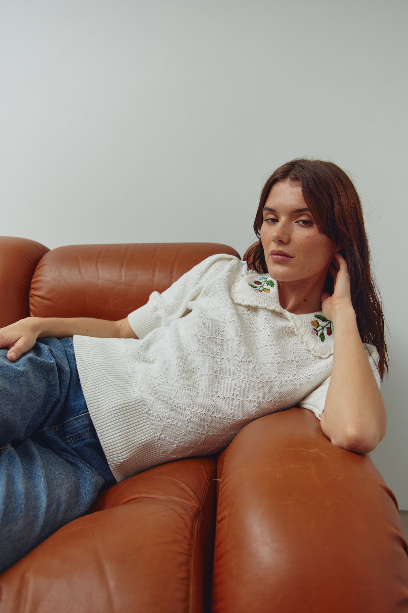 Noella 15010001 N-Madeleine Knit Ivory with embroidered collar, short sleeves and textured cotton knit at Dotique