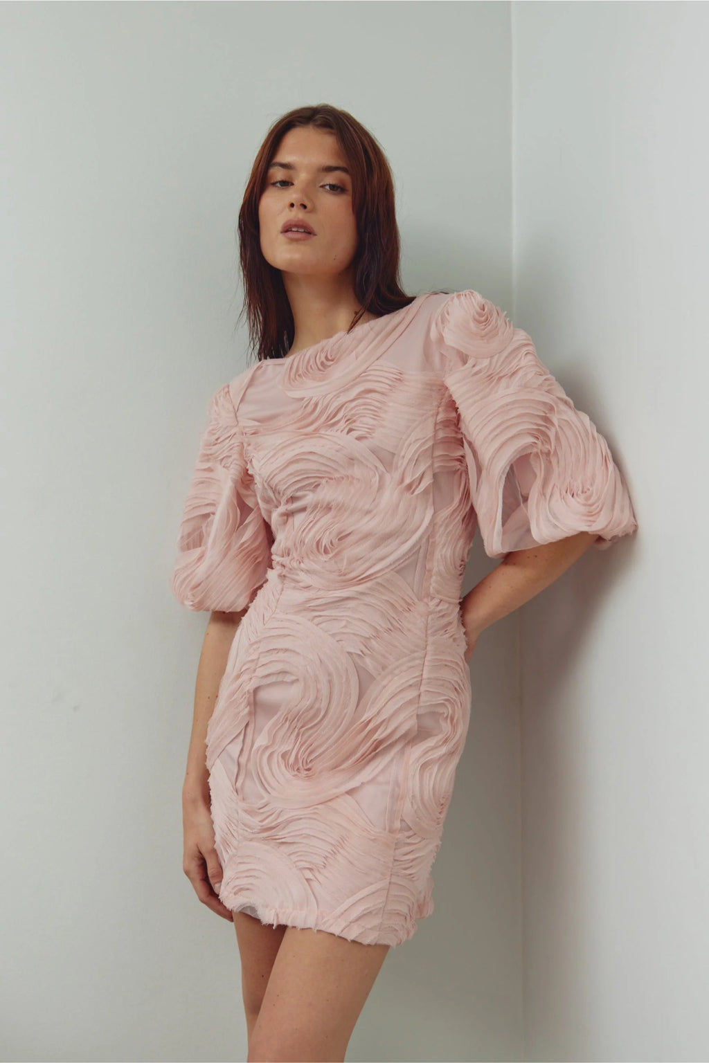 Model wearing Noella 15430001 N-Michaela Dress Baby Pink by Noella, shop the Noella collection at Dotique.