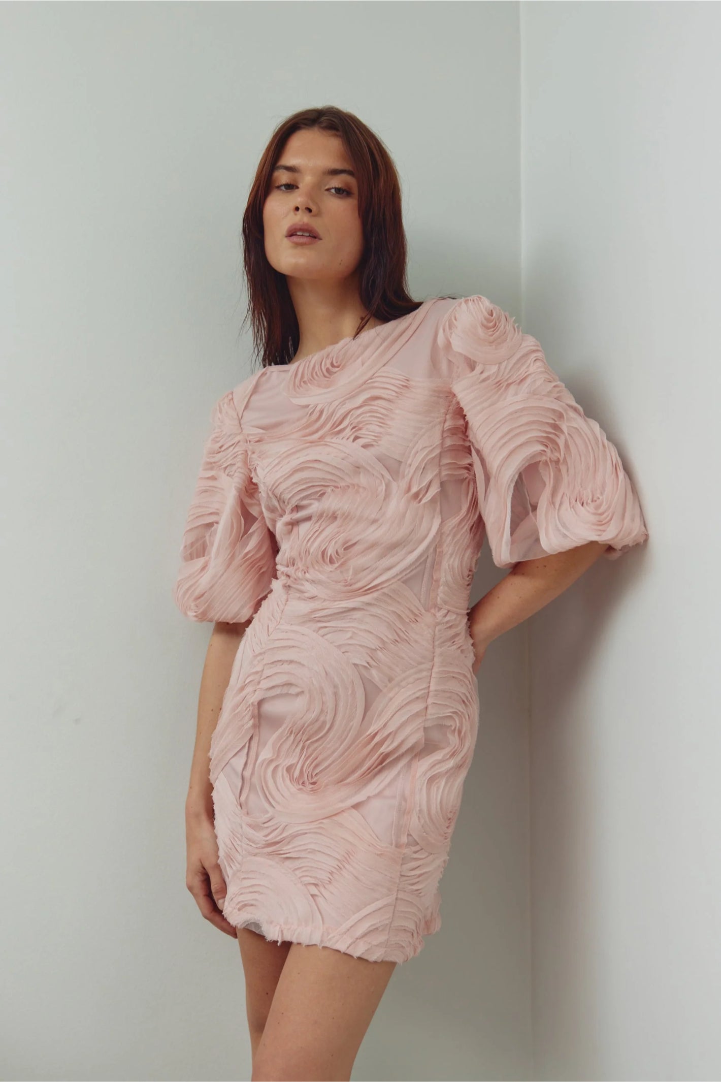 Model wearing Noella 15430001 N-Michaela Dress Baby Pink by Noella, shop the Noella collection at Dotique.