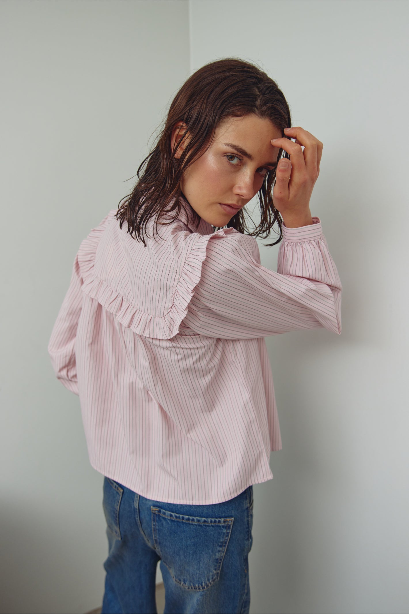 Back view of Noella 15360001 N-Mikayla Blouse Donnie Blush Stripe by noella shop noella at Dotique with ruffle collar detail