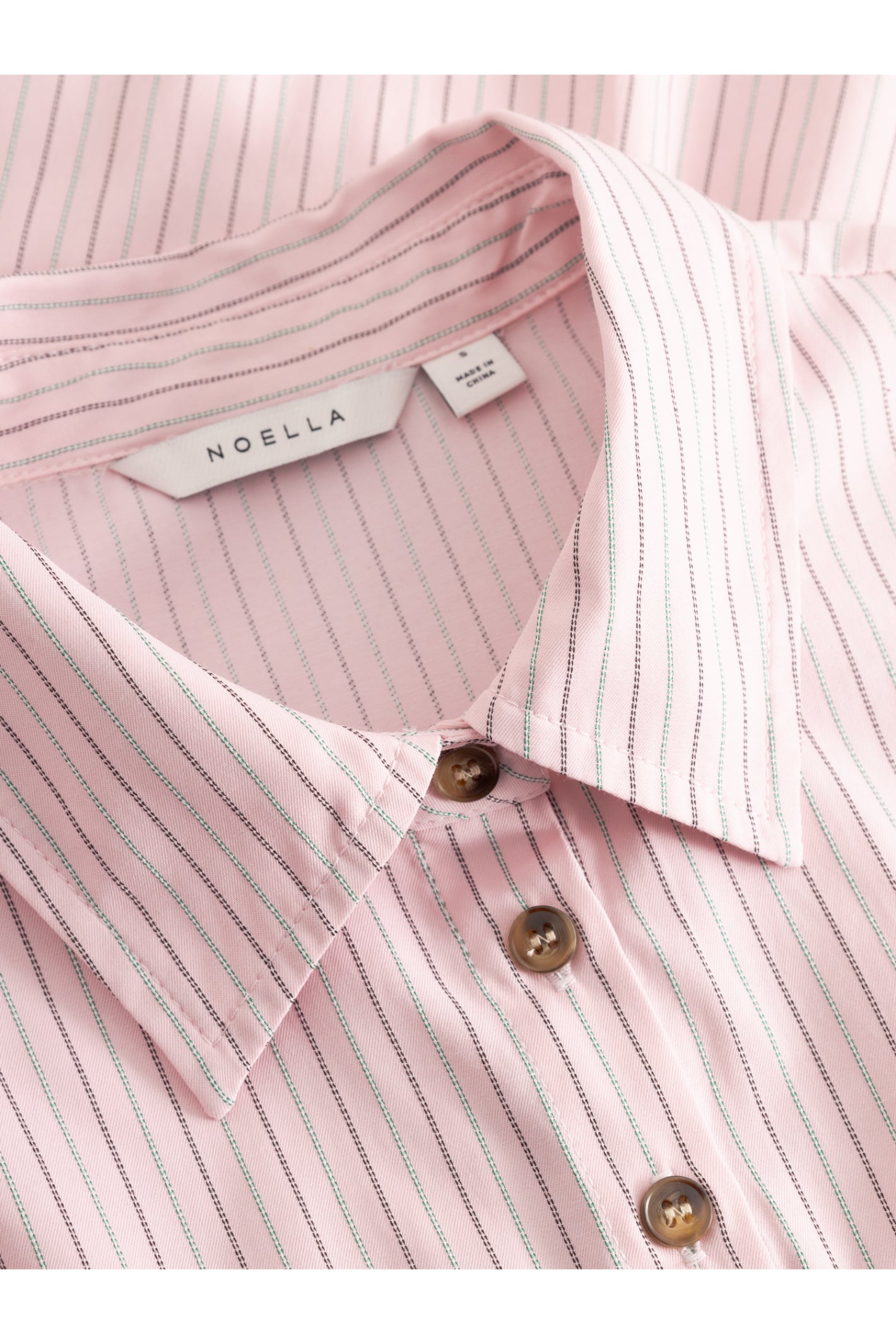 Close-up of collar and buttons on Noella 15360001 N-Mikayla Blouse Donnie Blush Stripe by noella Shop noella at Dotique