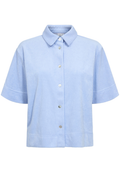 Front view of the Numph 706802 Nualine Short Sleeve Shirt Placid Blue with a classic collar and button closure by Numph. Shop Numph at Dotique.