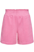 Front view of soft pink shorts with gathered elastic waistband by Numph. Shop Numph 706803 Nualine Shorts Prism Pink at Dotique.