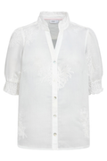 Front view of the white sheer Numph 706947 Nukentra Shirt Bright White with floral embroidery, puff sleeves, and button closure by Numph. Shop Numph at Dotique.