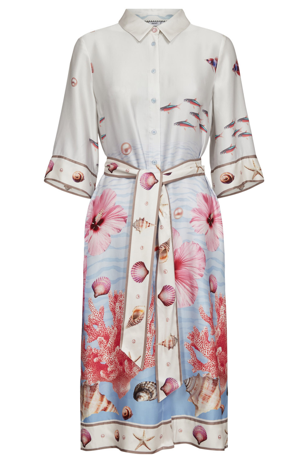 Numph 706753 Nuoceana Shirt Dress Skyway by Numph featuring a sea-inspired print with coral, shells, and fish, shop Numph at Dotique